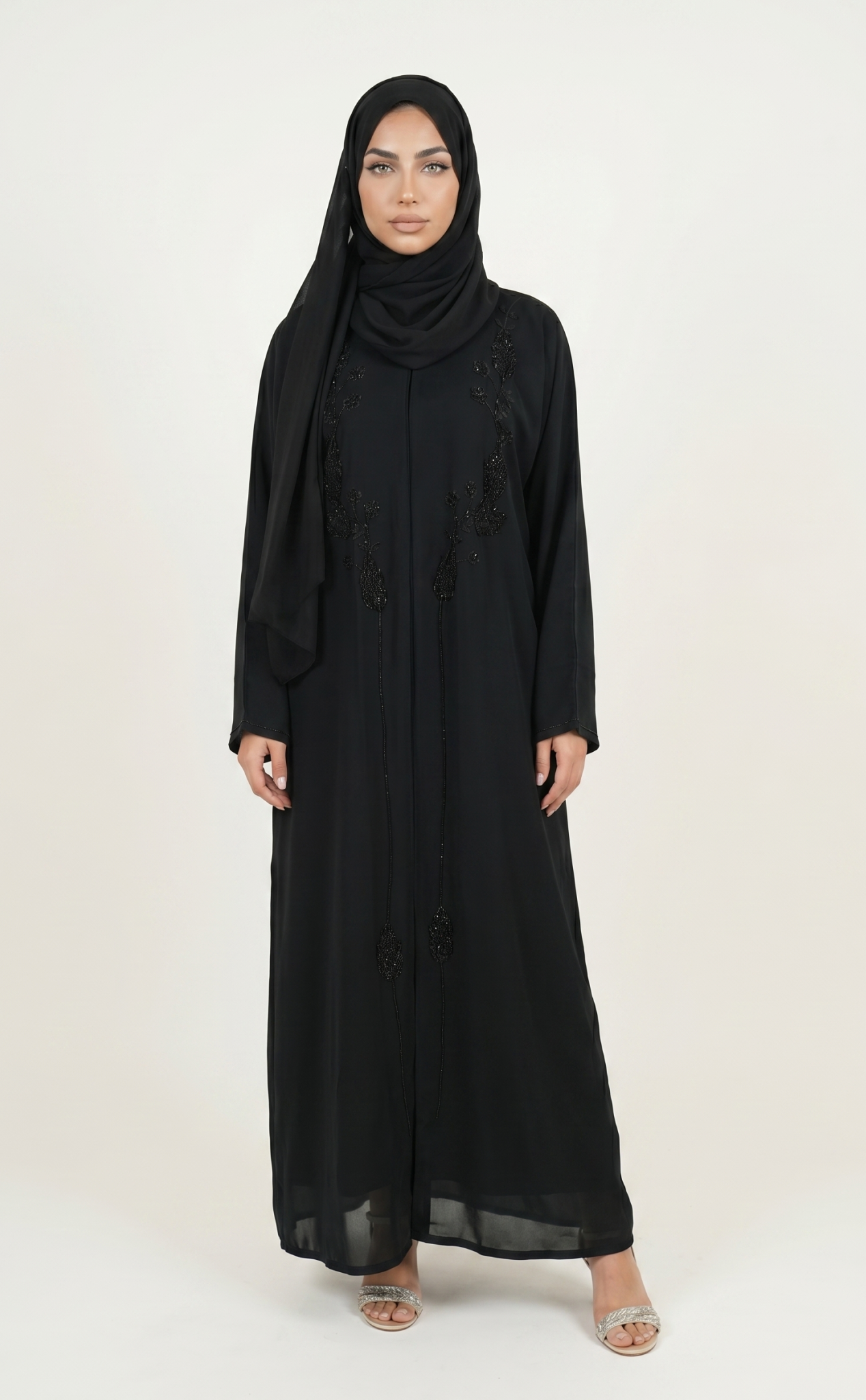 Elegant Black Embroidered Abaya Maxi Dress
