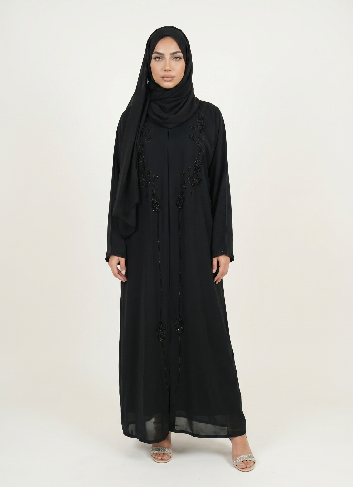 Elegant Black Embroidered Abaya Maxi Dress