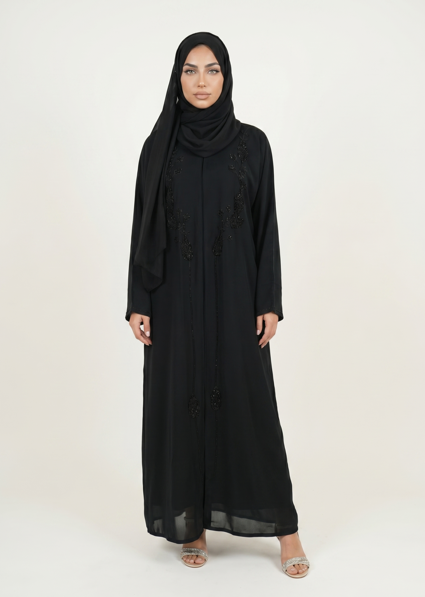 Elegant Black Embroidered Abaya Maxi Dress