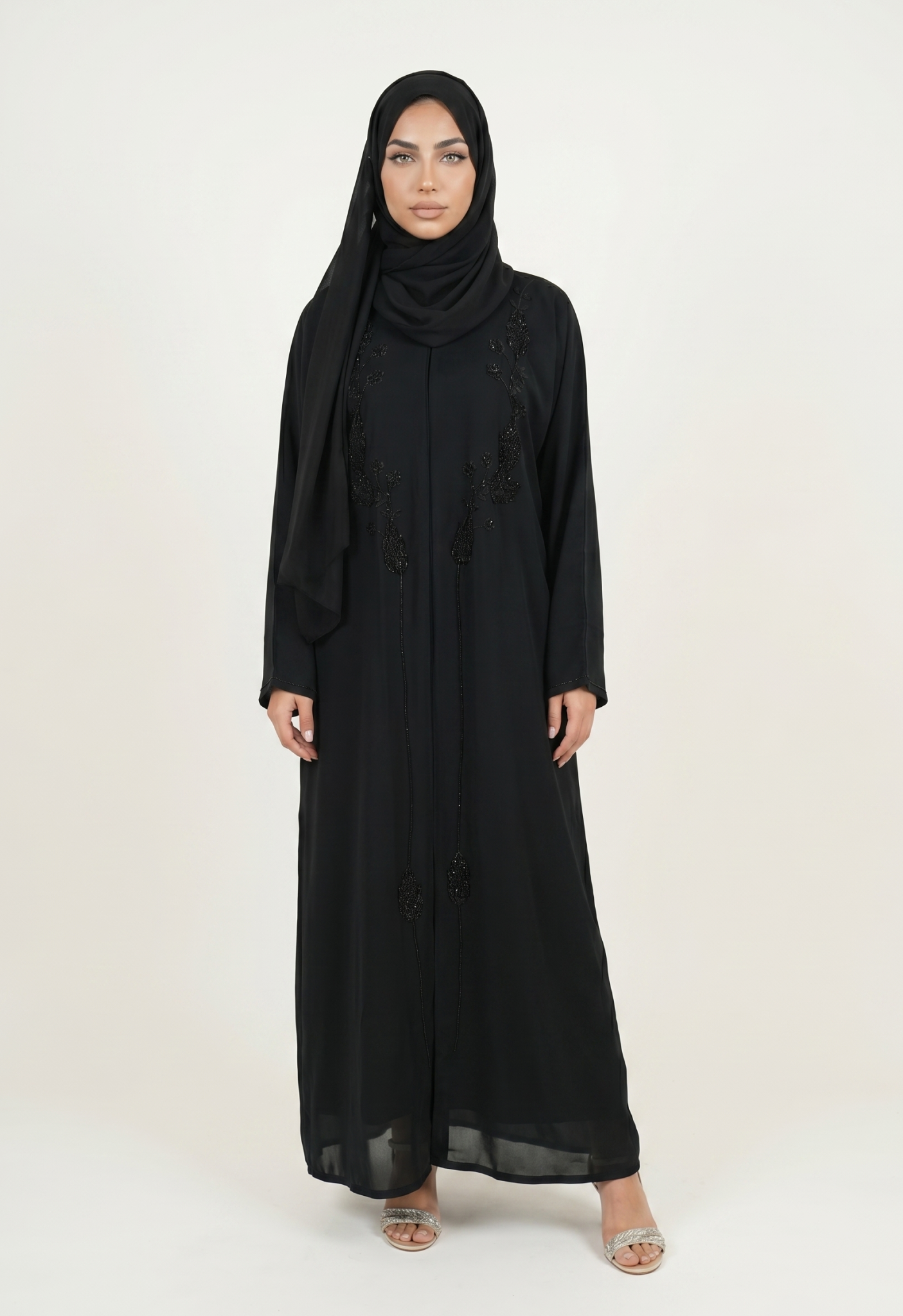 Elegant Black Embroidered Abaya Maxi Dress