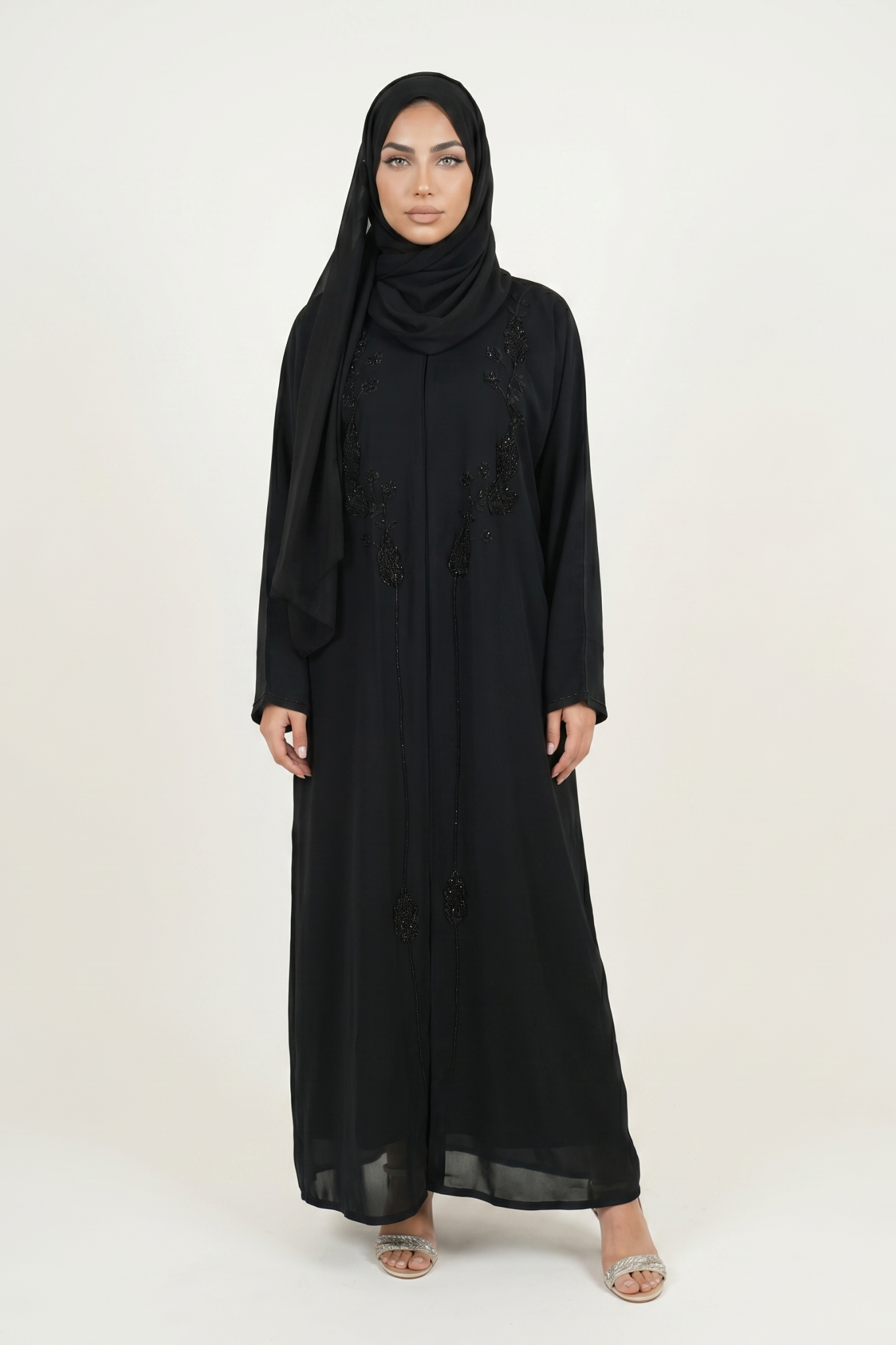 Elegant Black Embroidered Abaya Maxi Dress