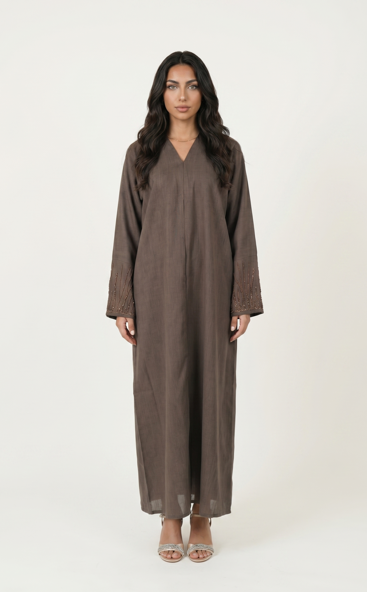 Brown Embroidered Sleeve Kaftan Maxi Dress