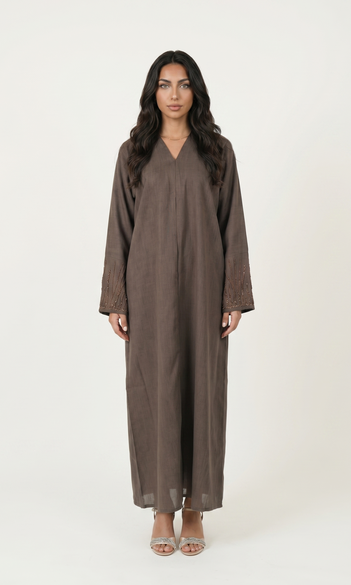 Brown Embroidered Sleeve Kaftan Maxi Dress
