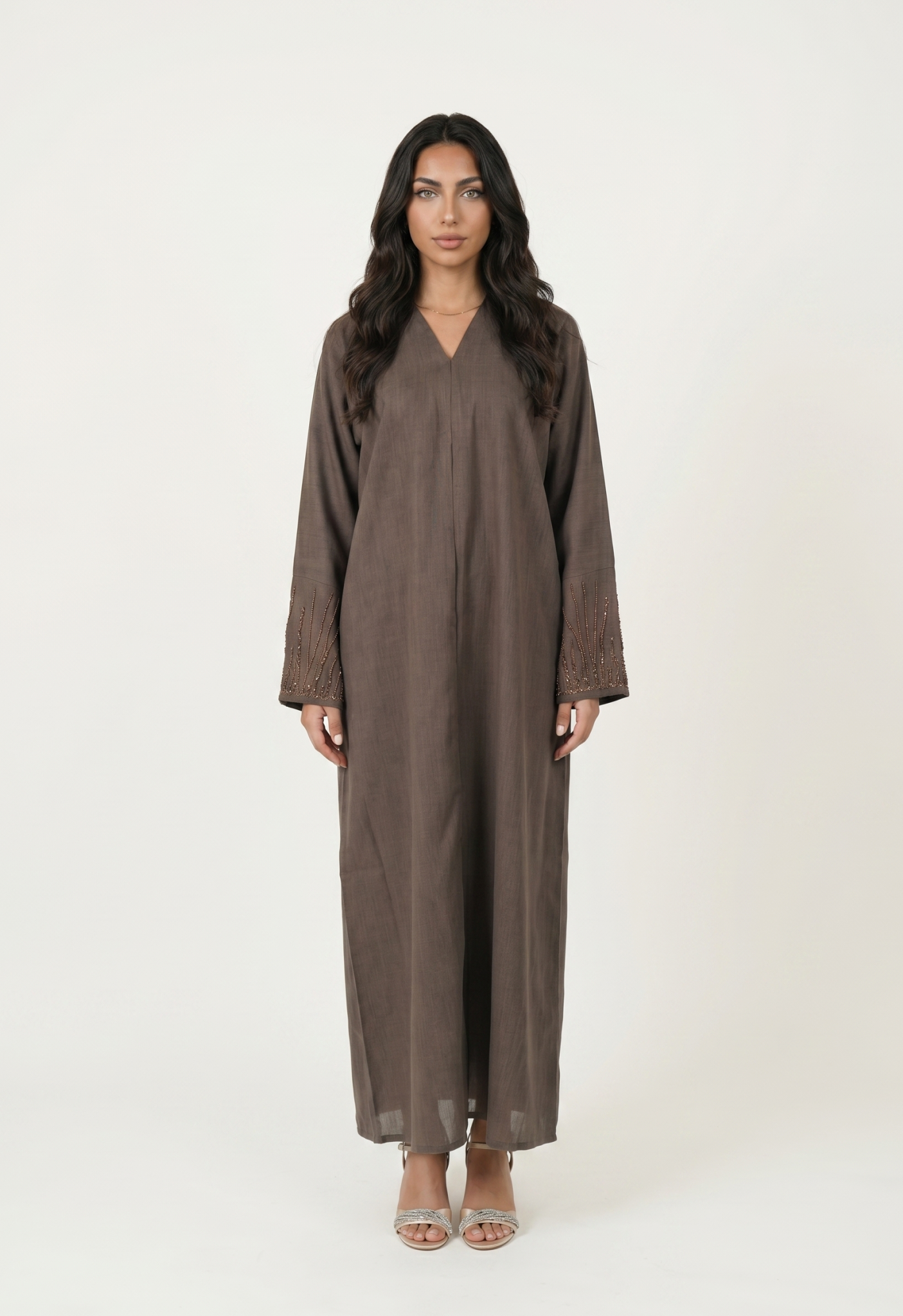 Brown Embroidered Sleeve Kaftan Maxi Dress