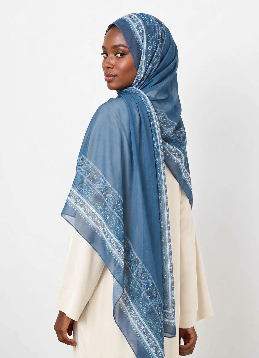 teal Blue elegance pattern chiffon hijab