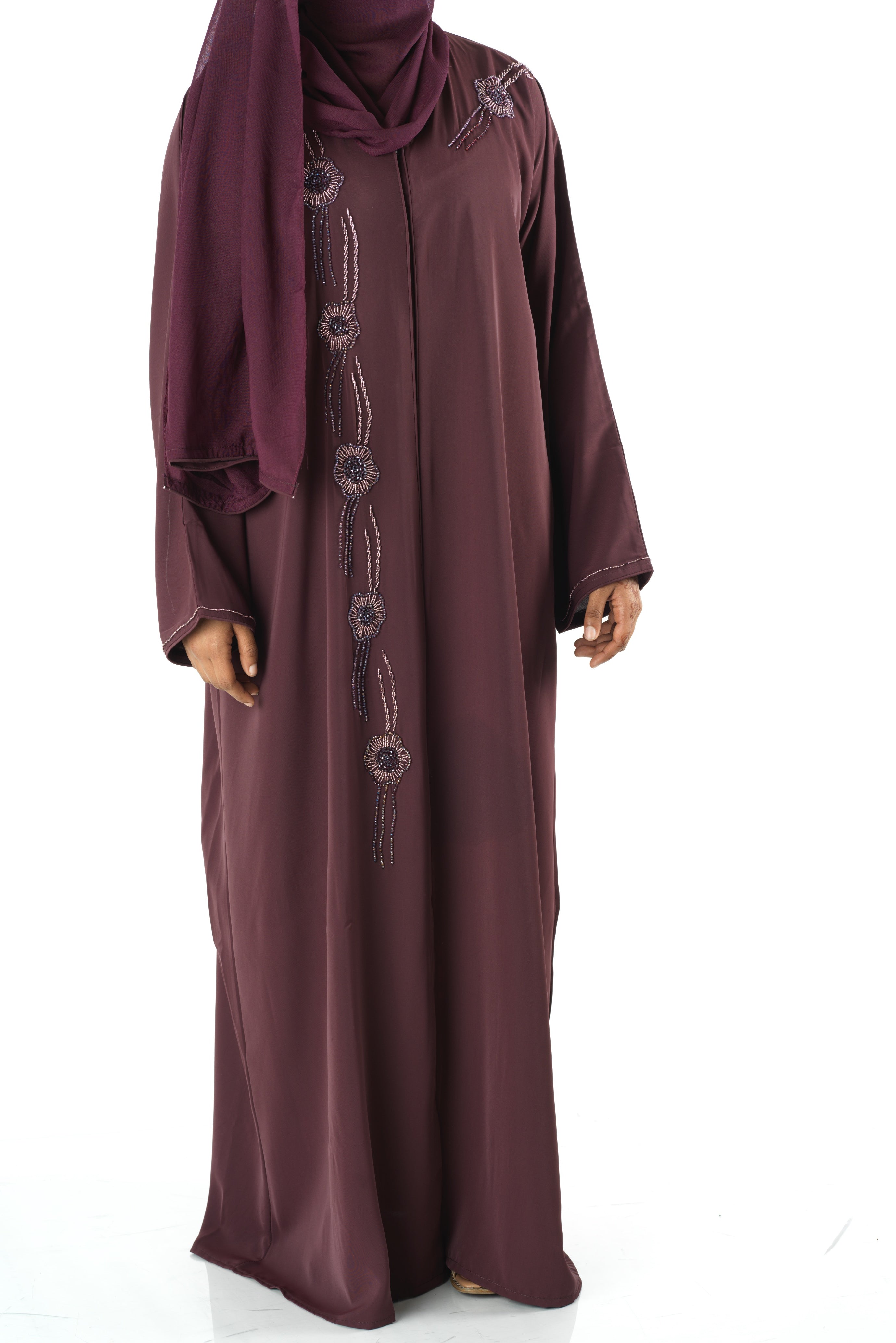 Deep plum Dubai abaya set — modest abaya | Kabayare Fashion