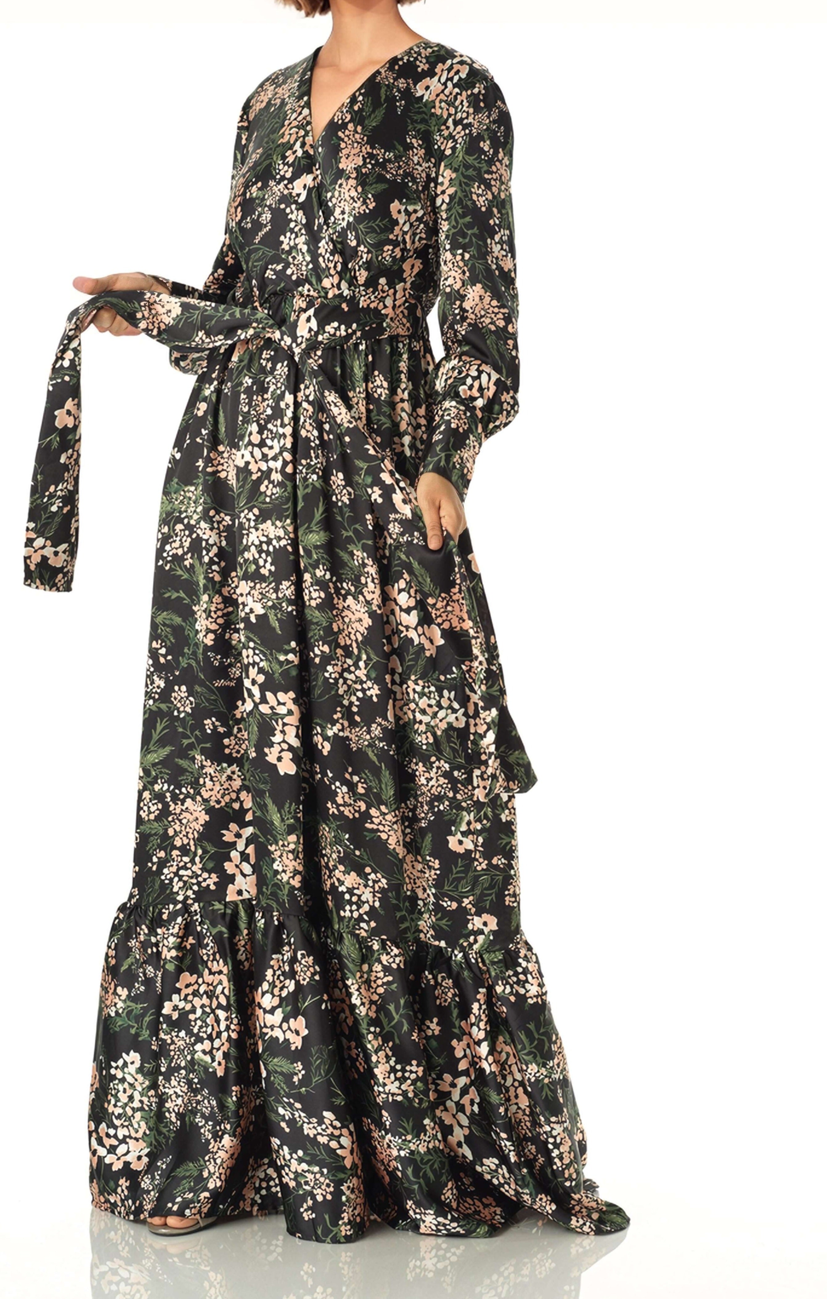 Amaryllis Print satin long sleeve maxi dress Kabayare
