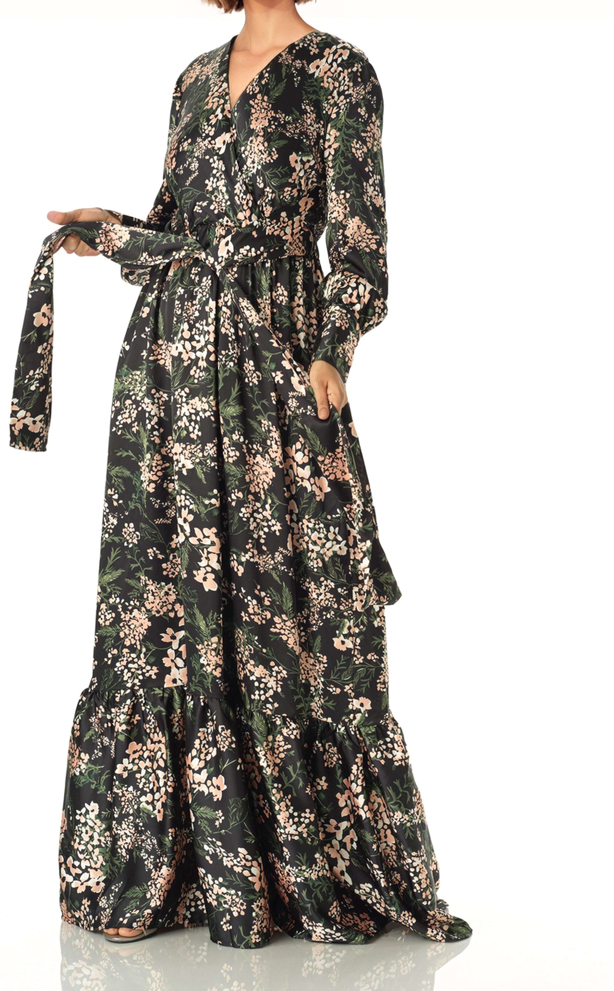 Amaryllis Print satin long sleeve maxi dress Kabayare