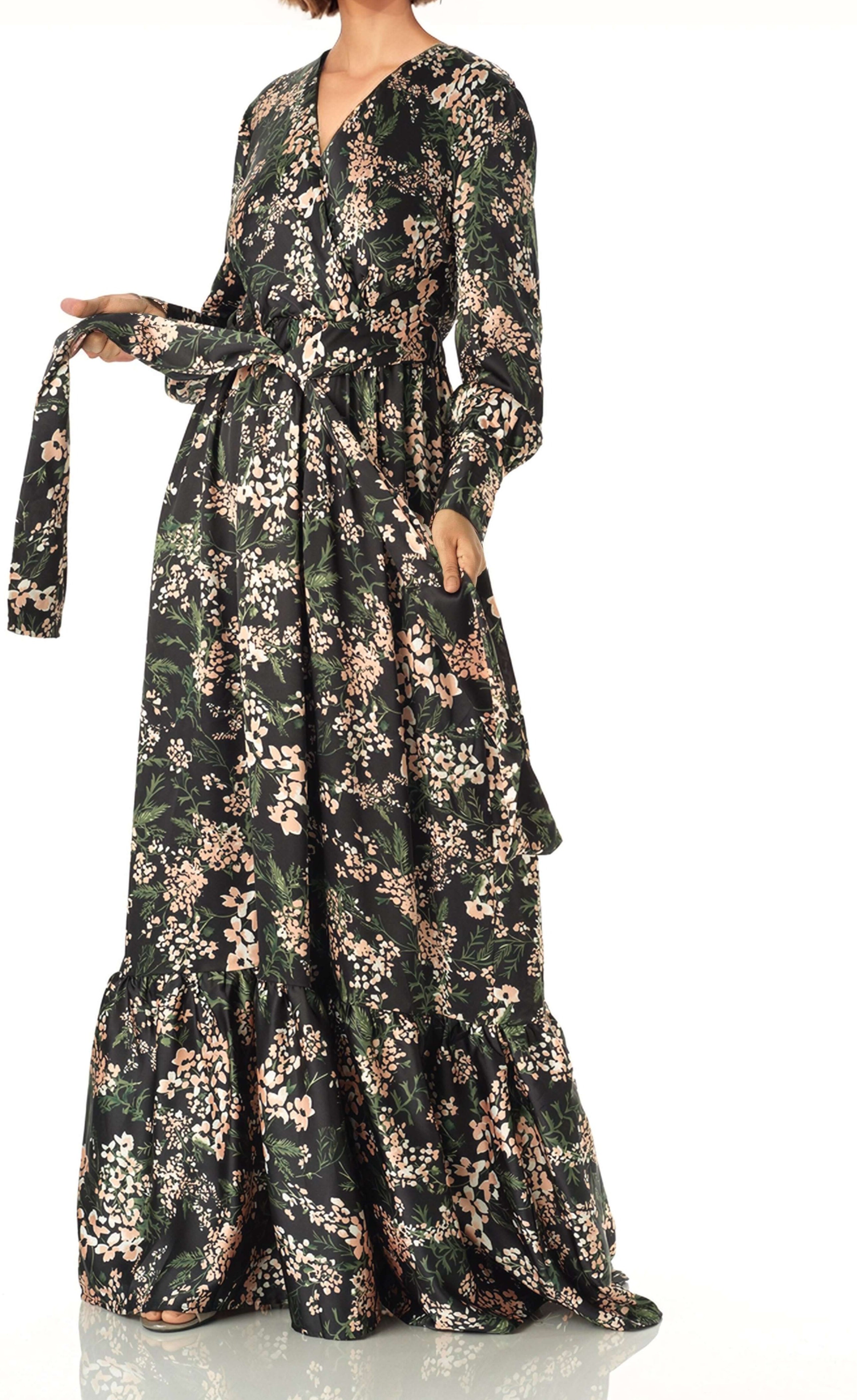 Amaryllis Print satin long sleeve maxi dress Kabayare