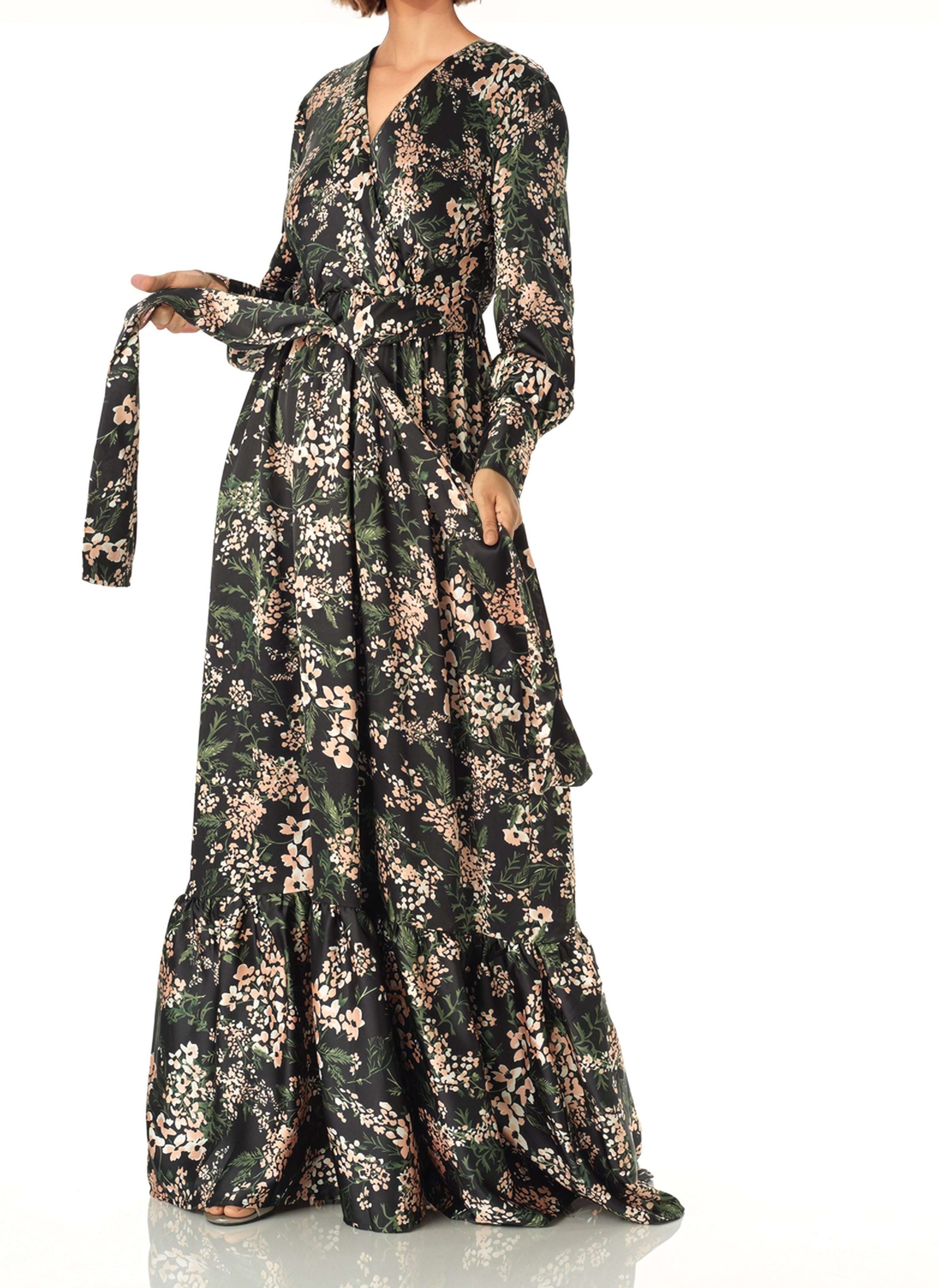 Amaryllis Print satin long sleeve maxi dress Kabayare