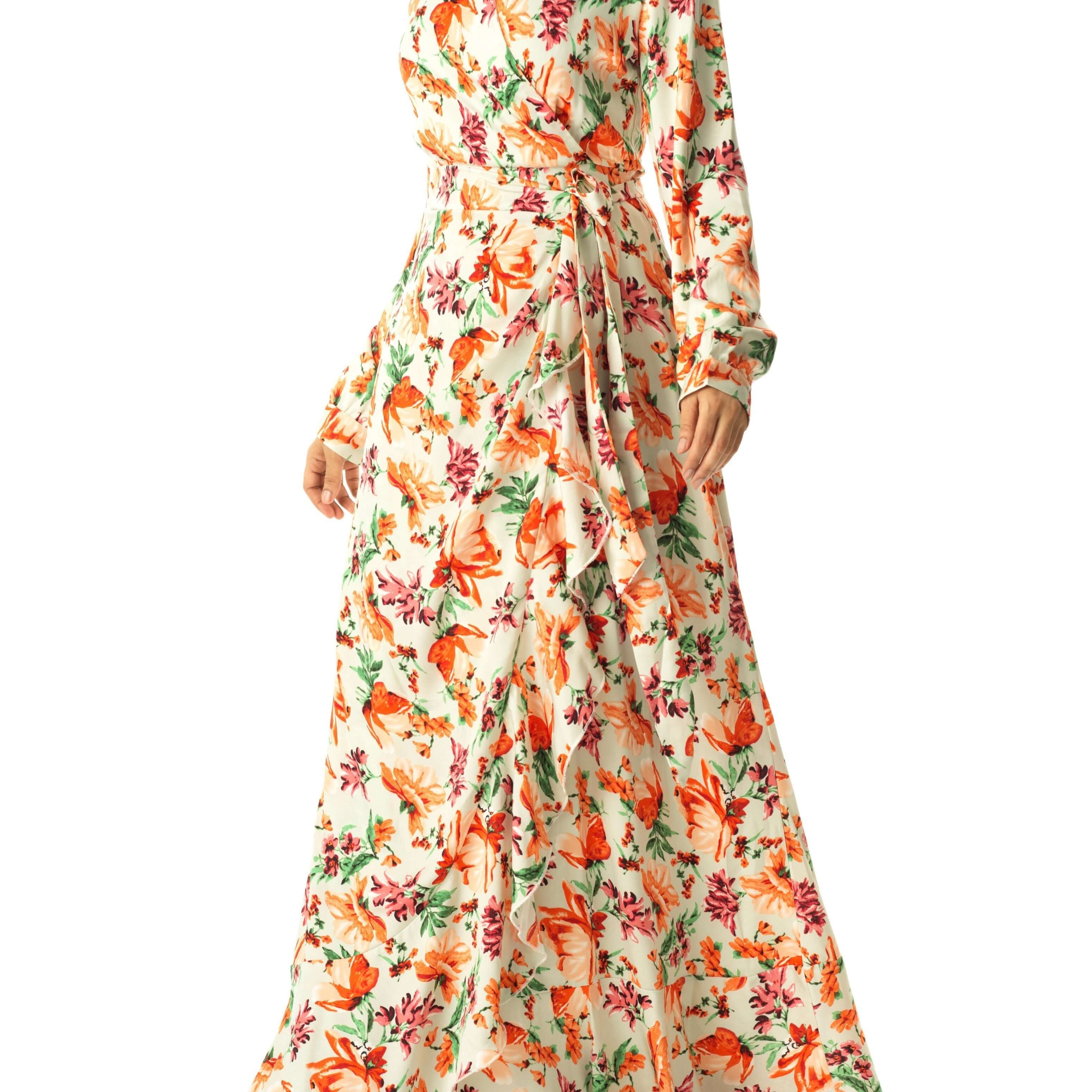 Aquilegia print wrapped satin dress Kabayare