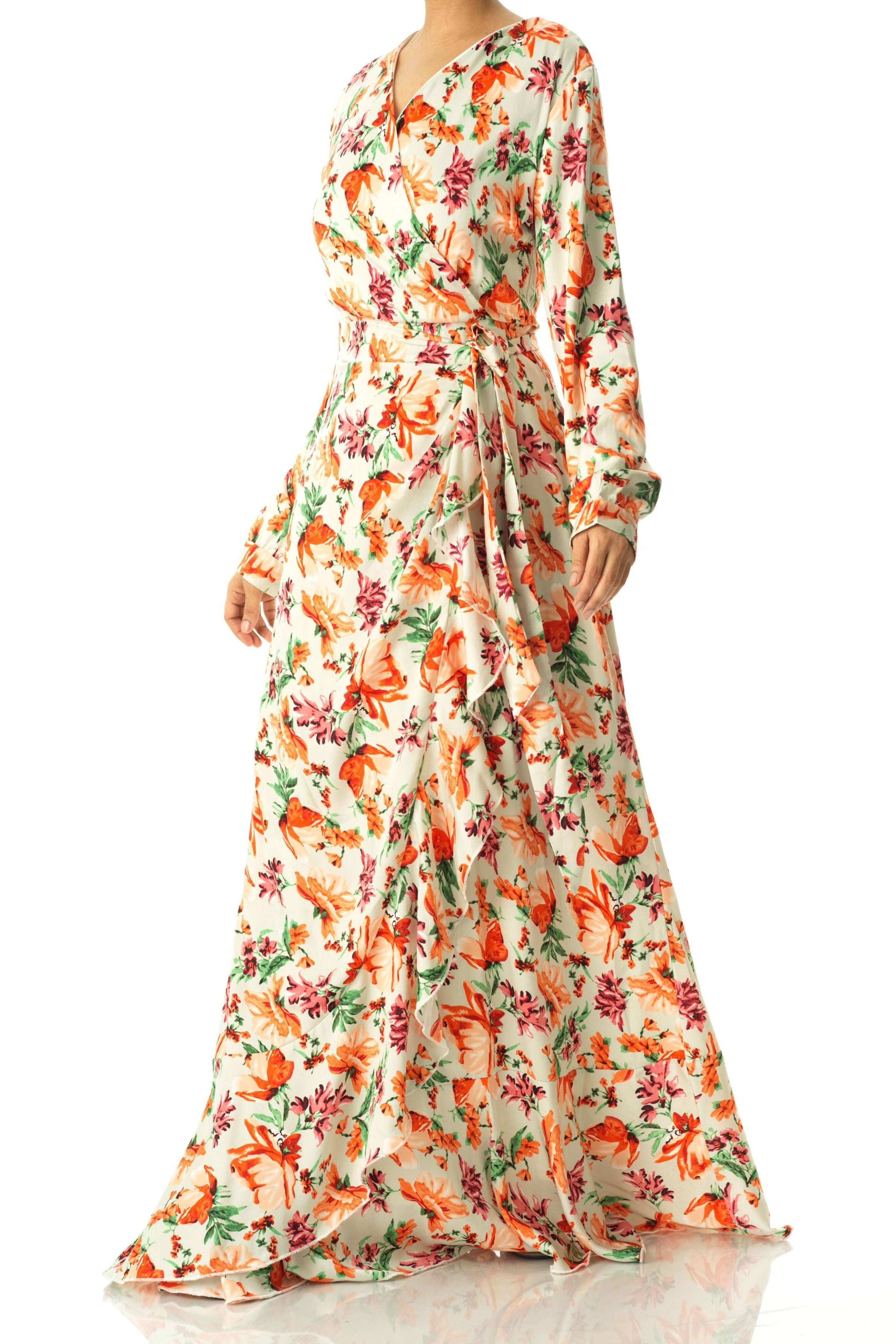 Aquilegia print wrapped satin dress Kabayare