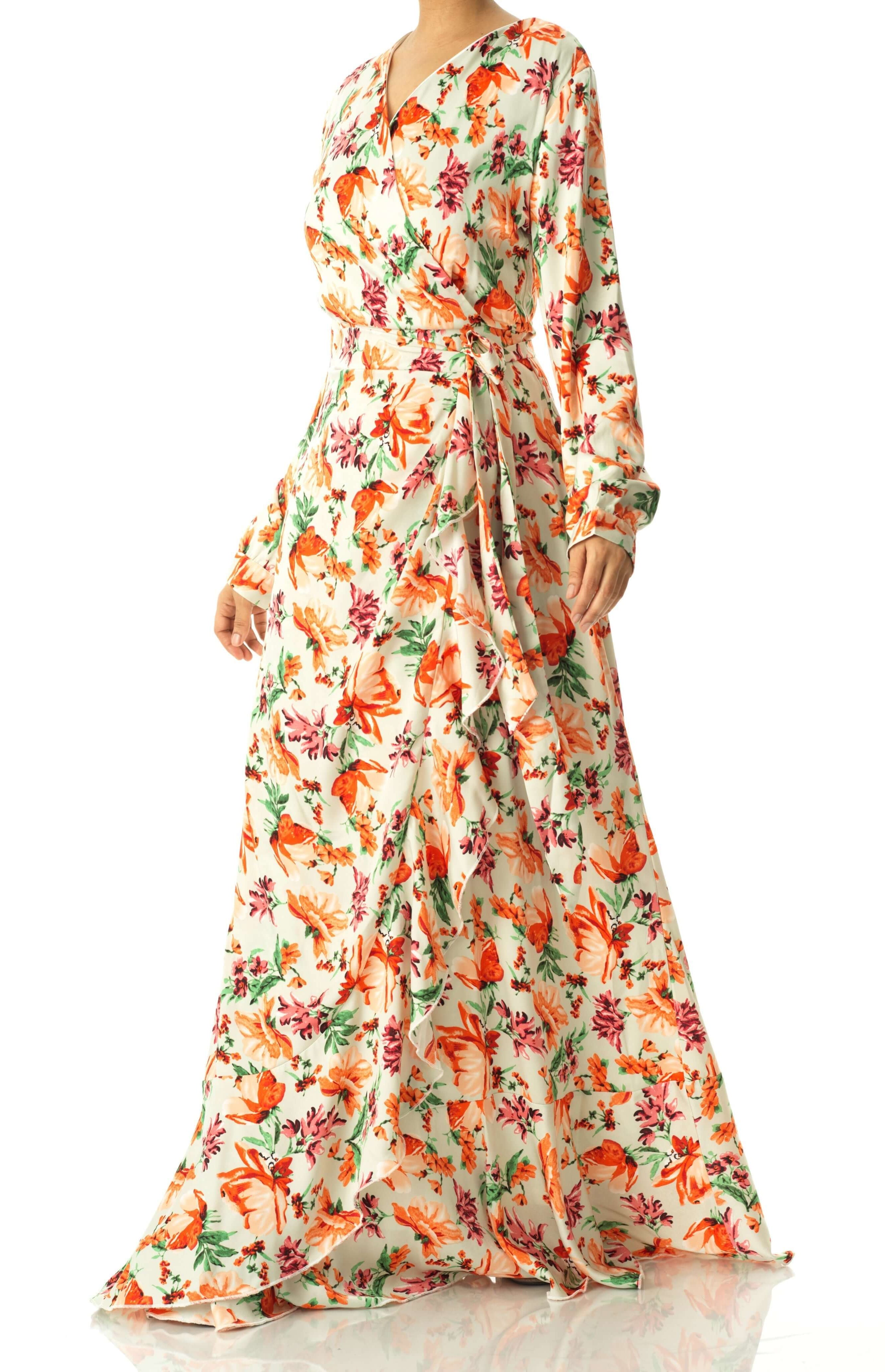 Aquilegia print wrapped satin dress Kabayare