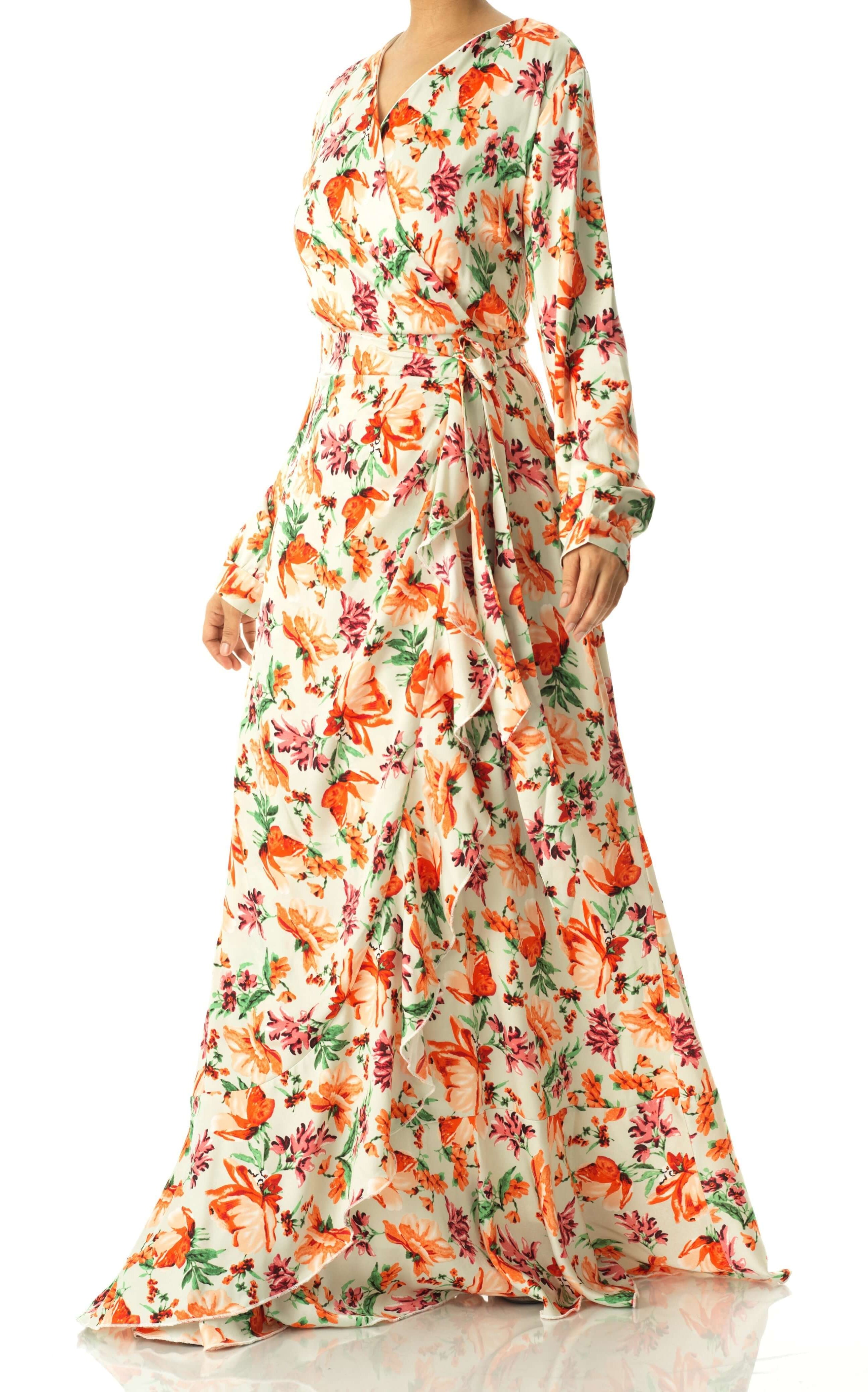 Aquilegia print wrapped satin dress Kabayare