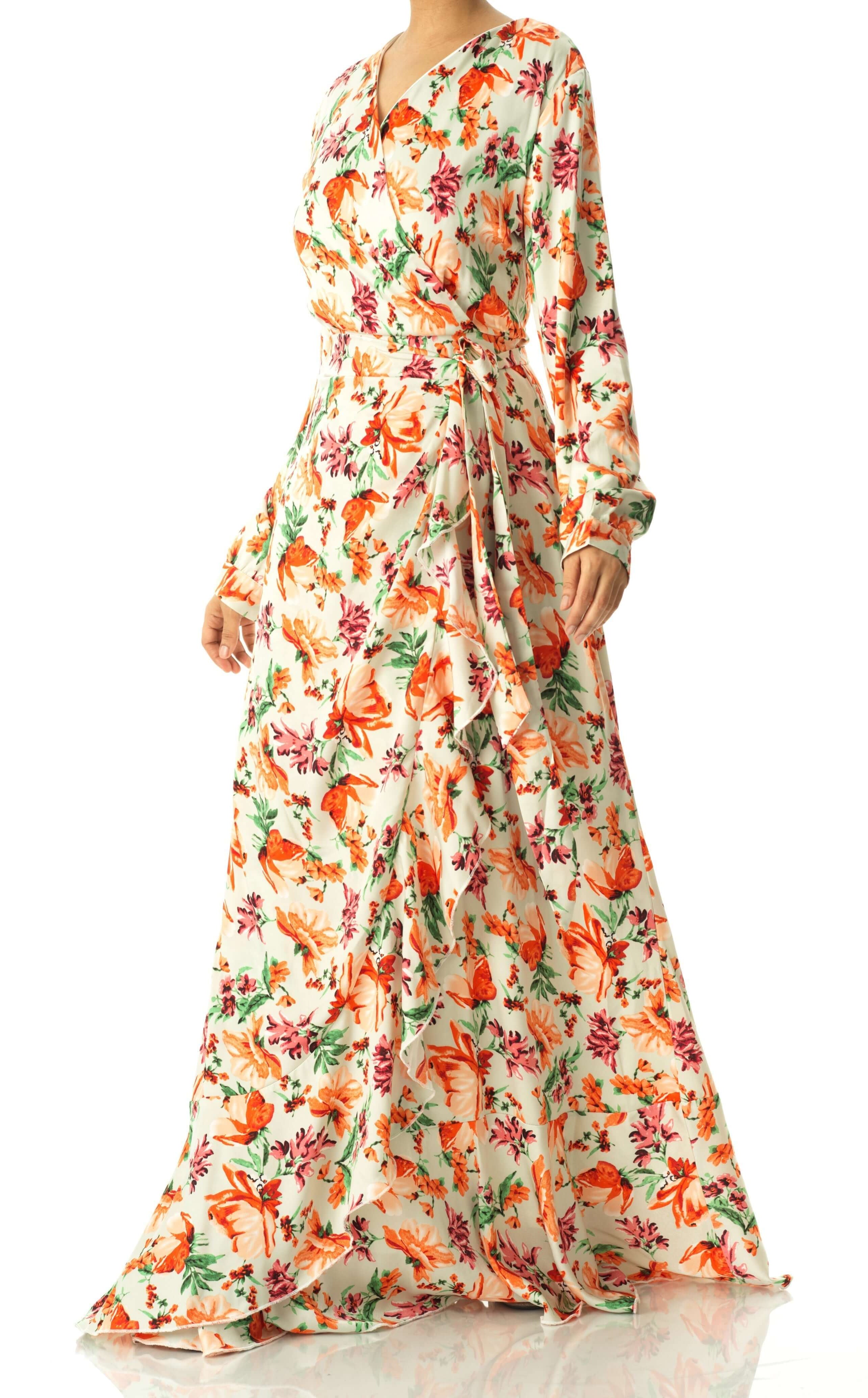 Aquilegia print wrapped satin dress Kabayare