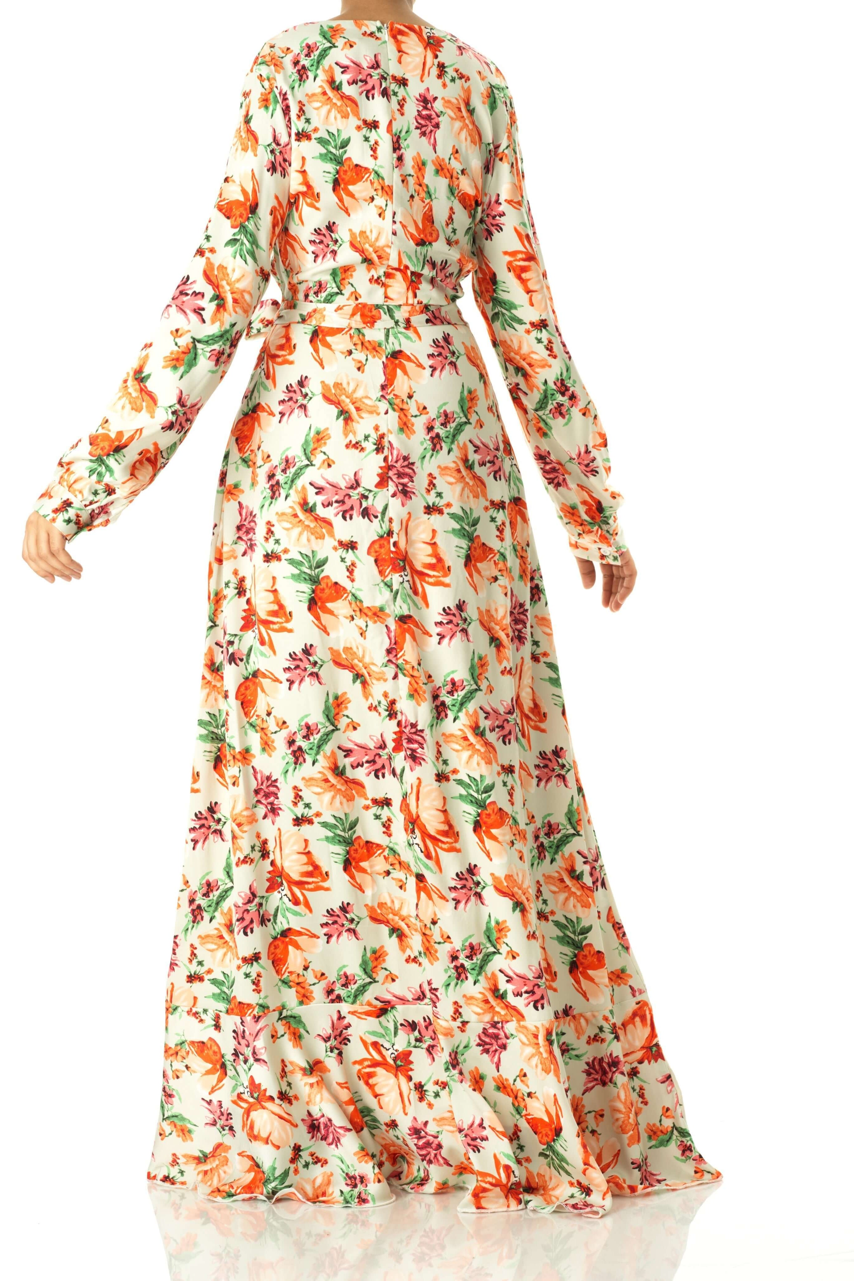 Aquilegia print wrapped satin dress Kabayare