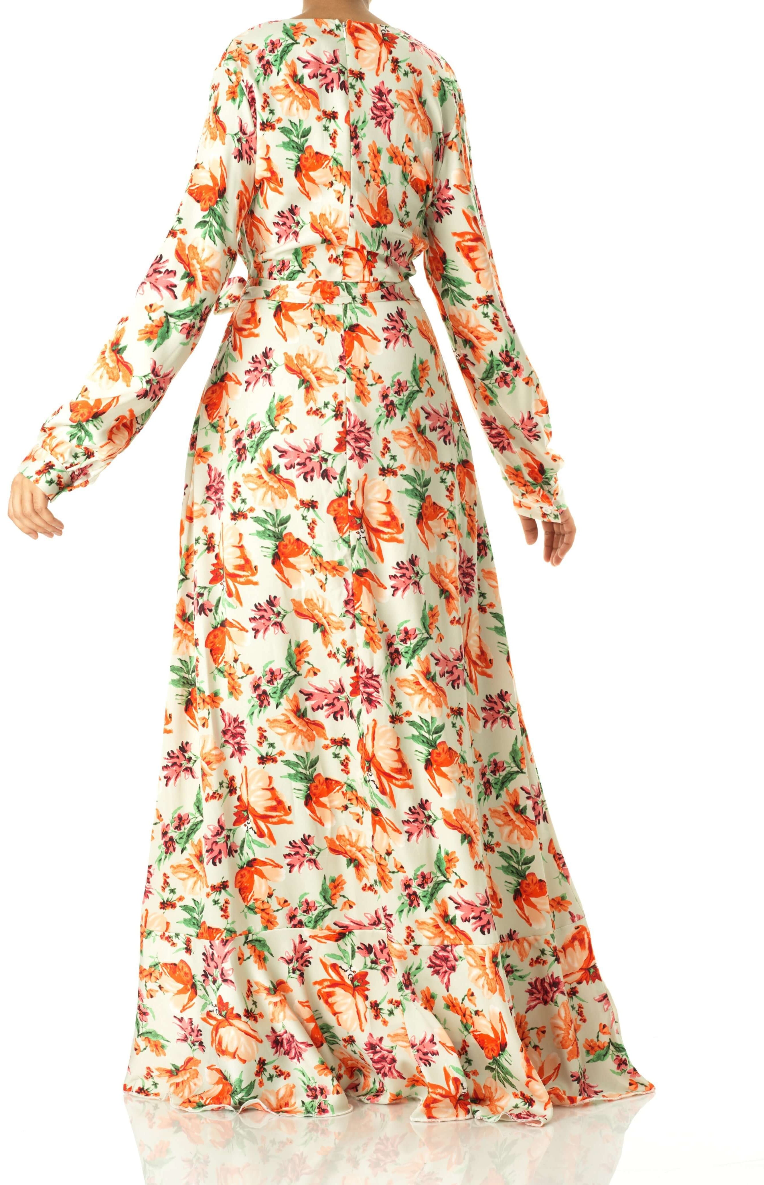 Aquilegia print wrapped satin dress Kabayare