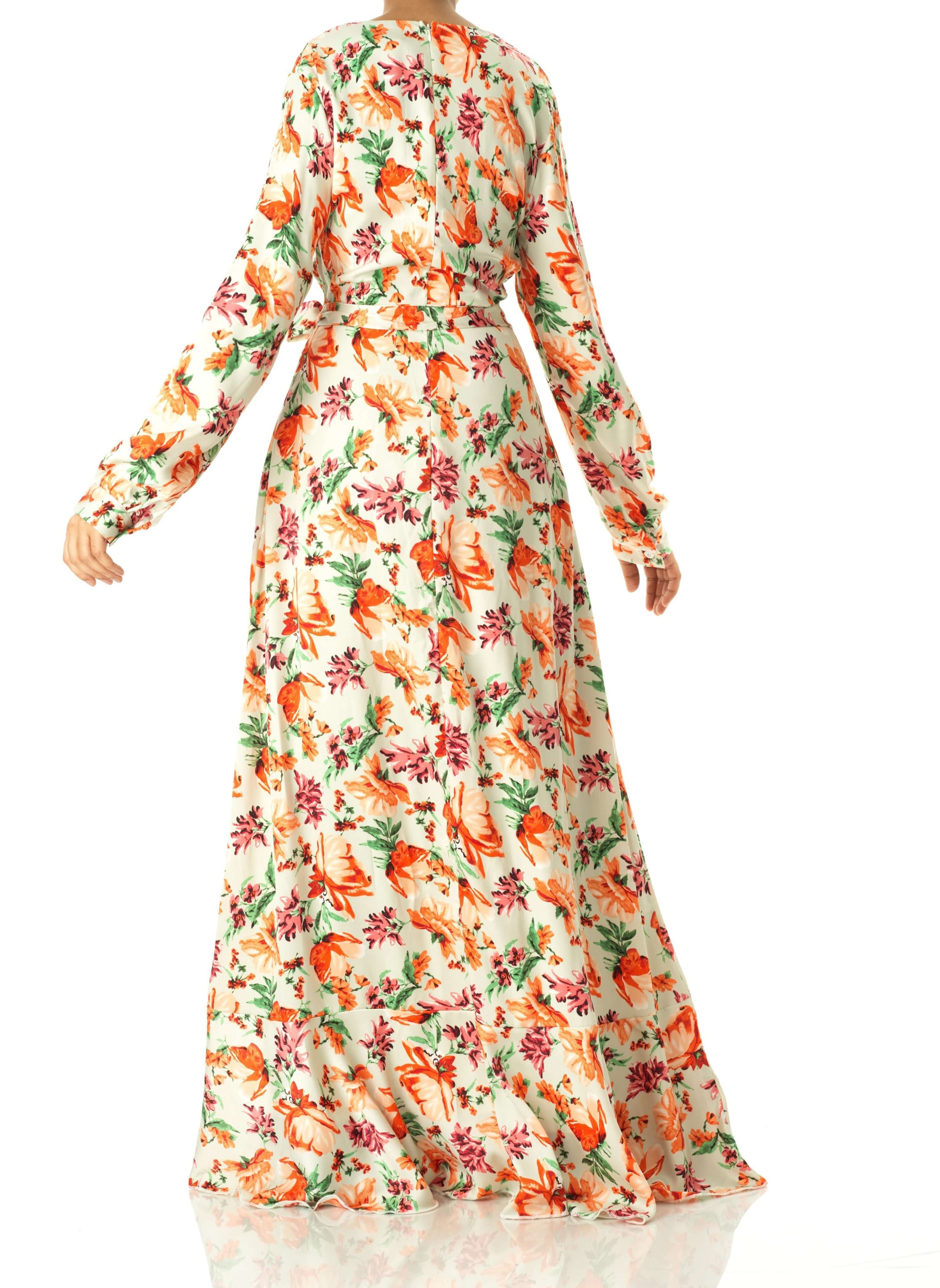 Aquilegia print wrapped satin dress Kabayare