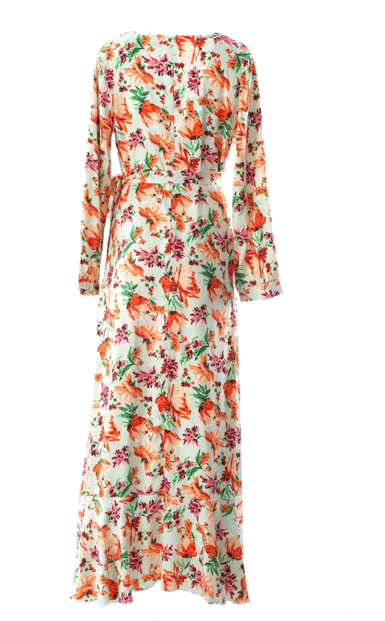 Aquilegia print wrapped satin modest dress Kabayare