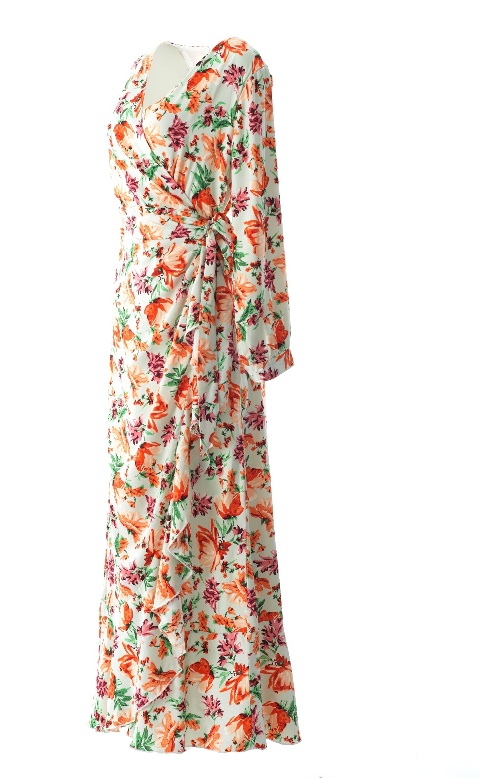 Aquilegia print wrapped satin modest dress Kabayare