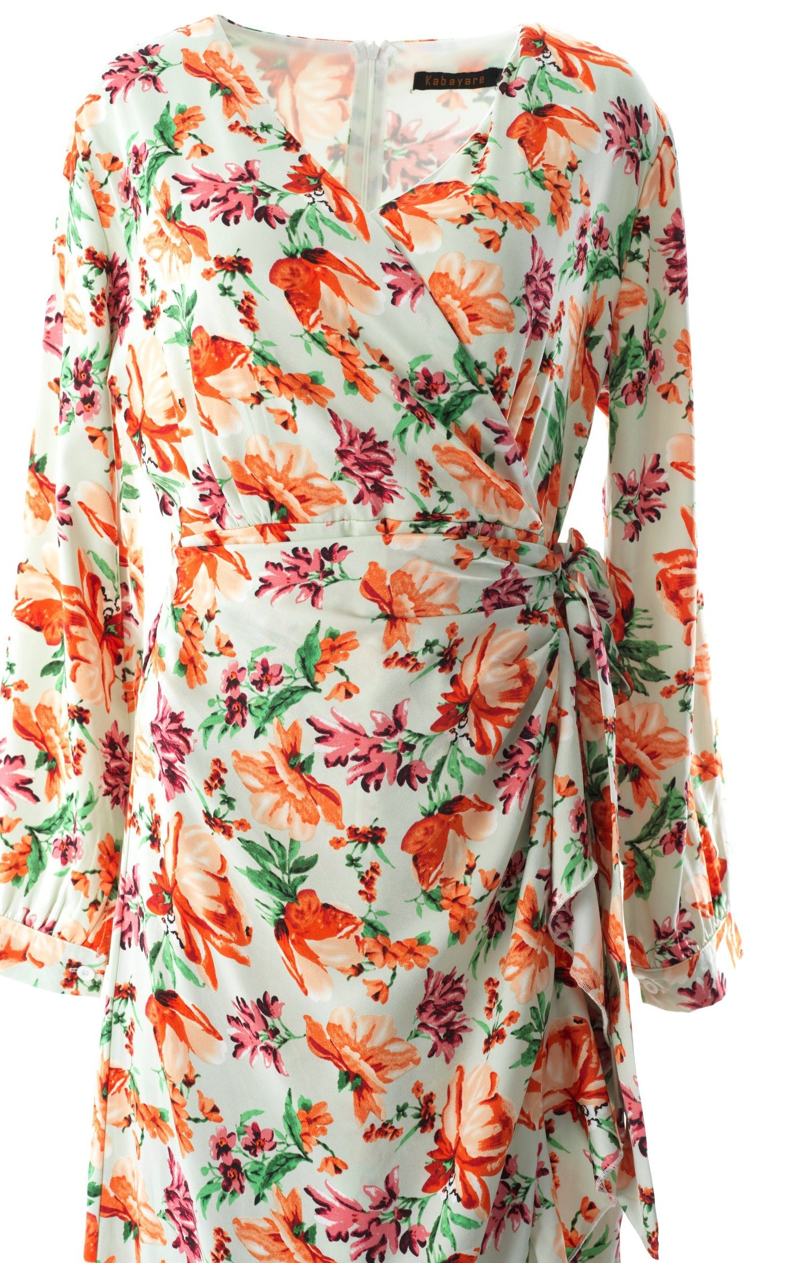 Aquilegia print wrapped satin modest dress Kabayare