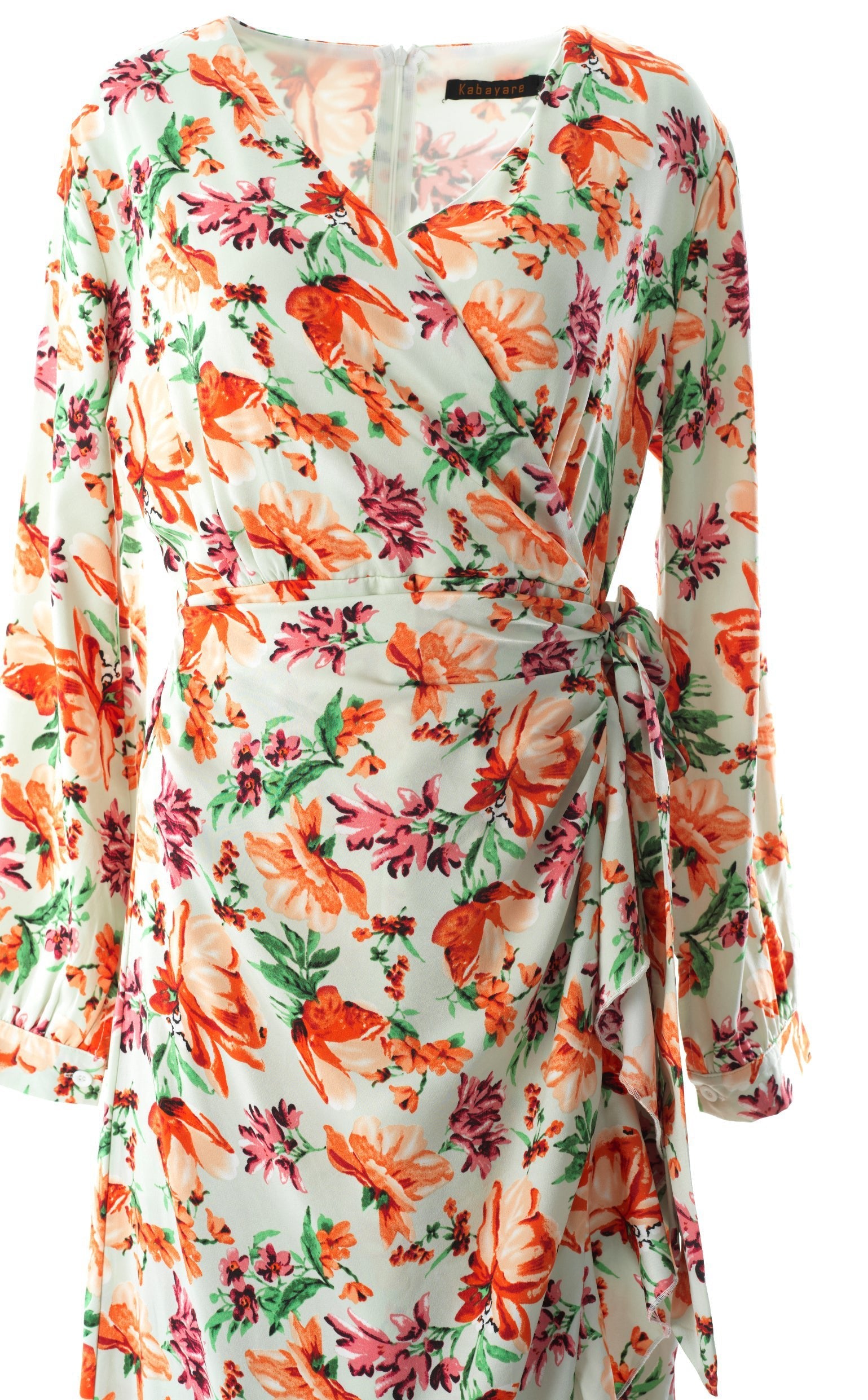 Aquilegia print wrapped satin modest dress Kabayare