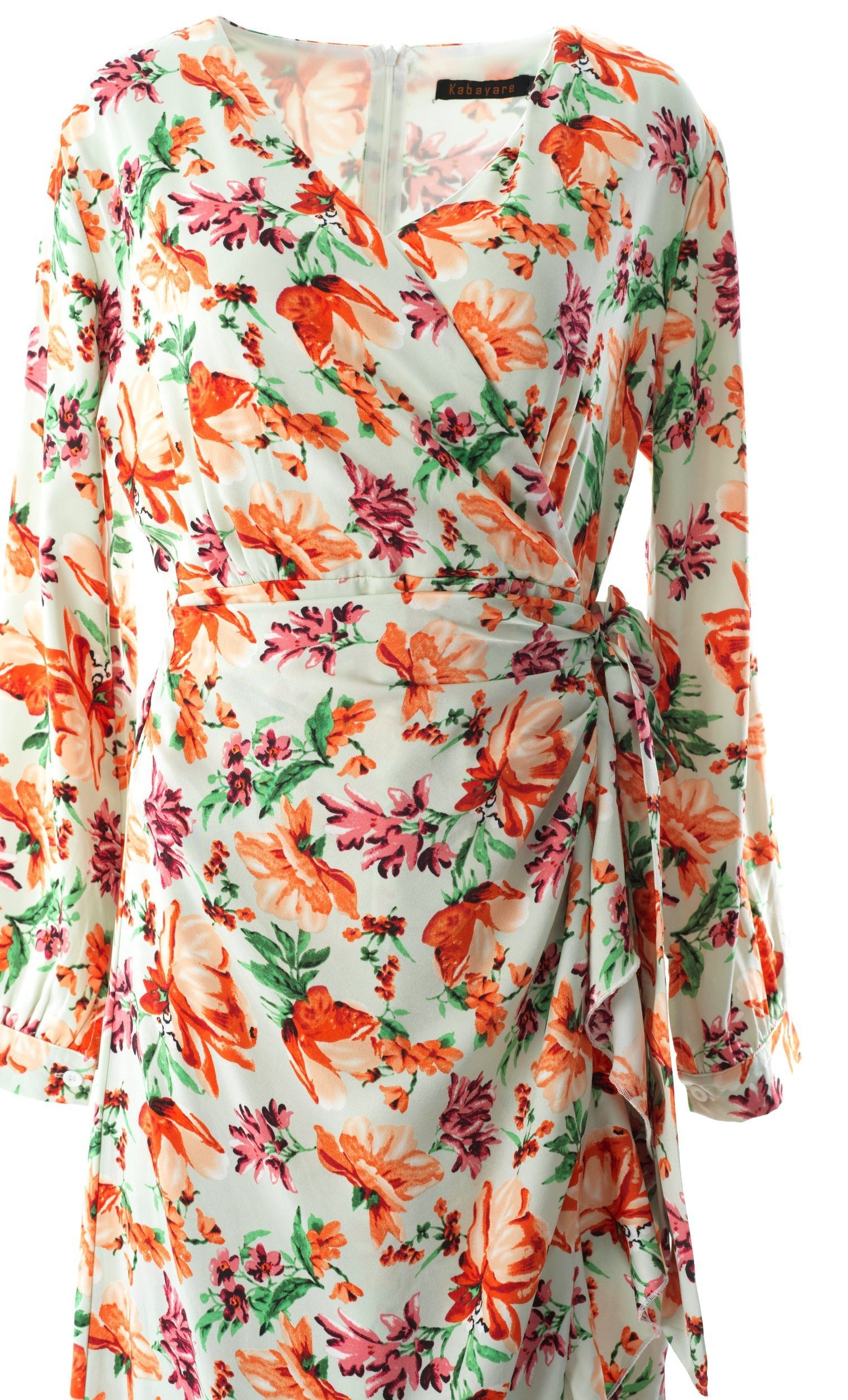 Aquilegia print wrapped satin modest dress Kabayare