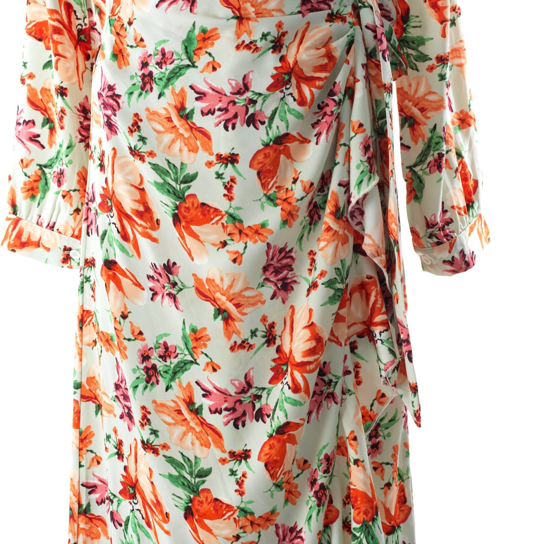 Aquilegia print wrapped satin modest dress Kabayare