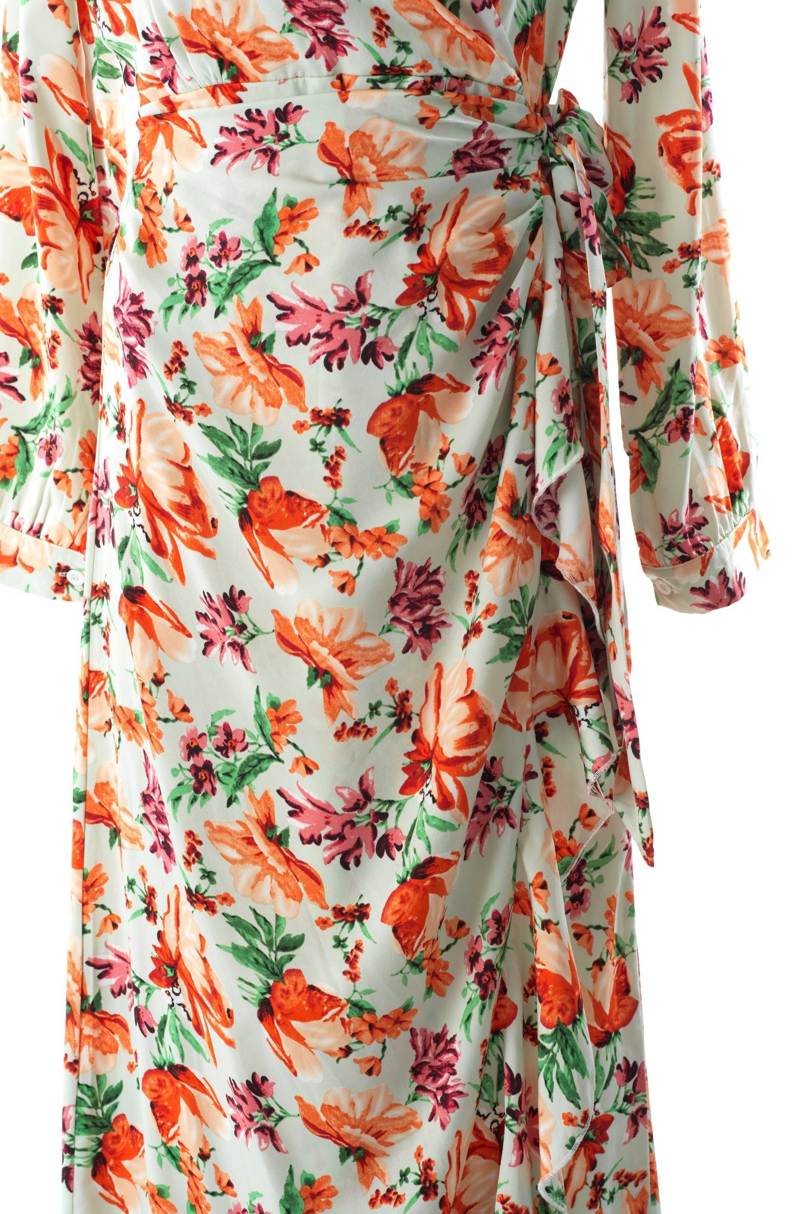 Aquilegia print wrapped satin modest dress Kabayare