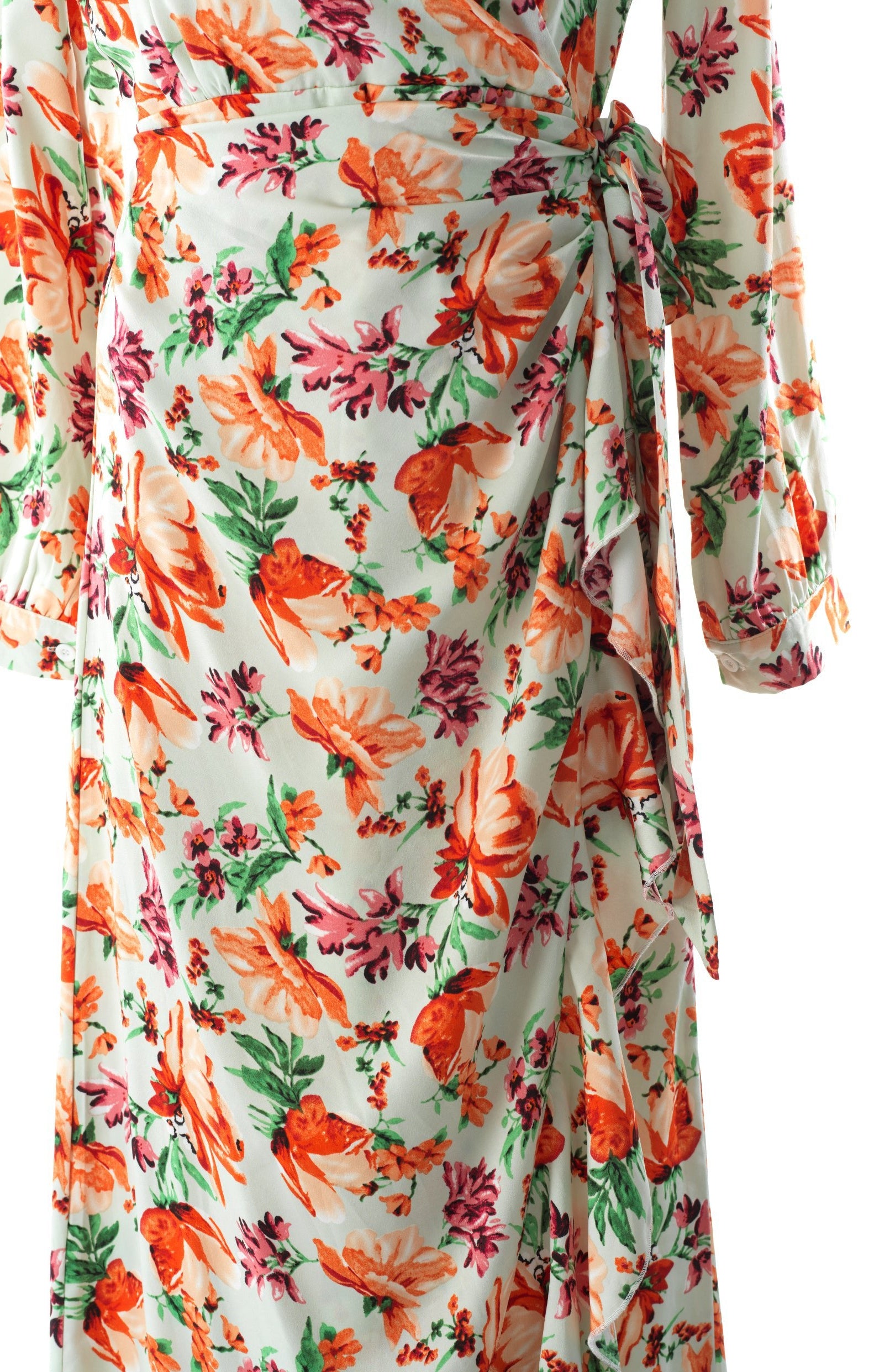 Aquilegia print wrapped satin modest dress Kabayare