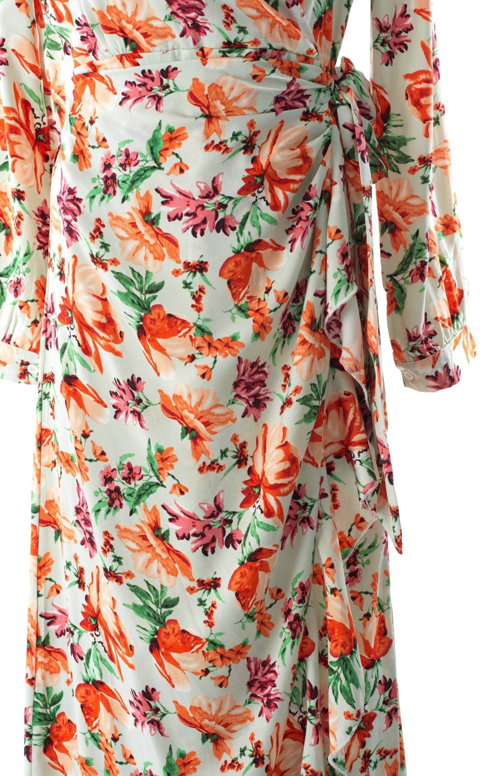 Aquilegia print wrapped satin modest dress Kabayare