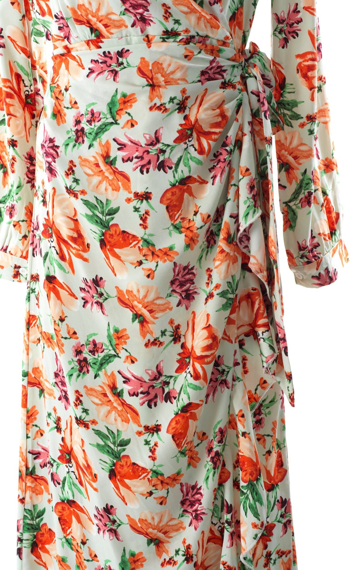 Aquilegia print wrapped satin modest dress Kabayare