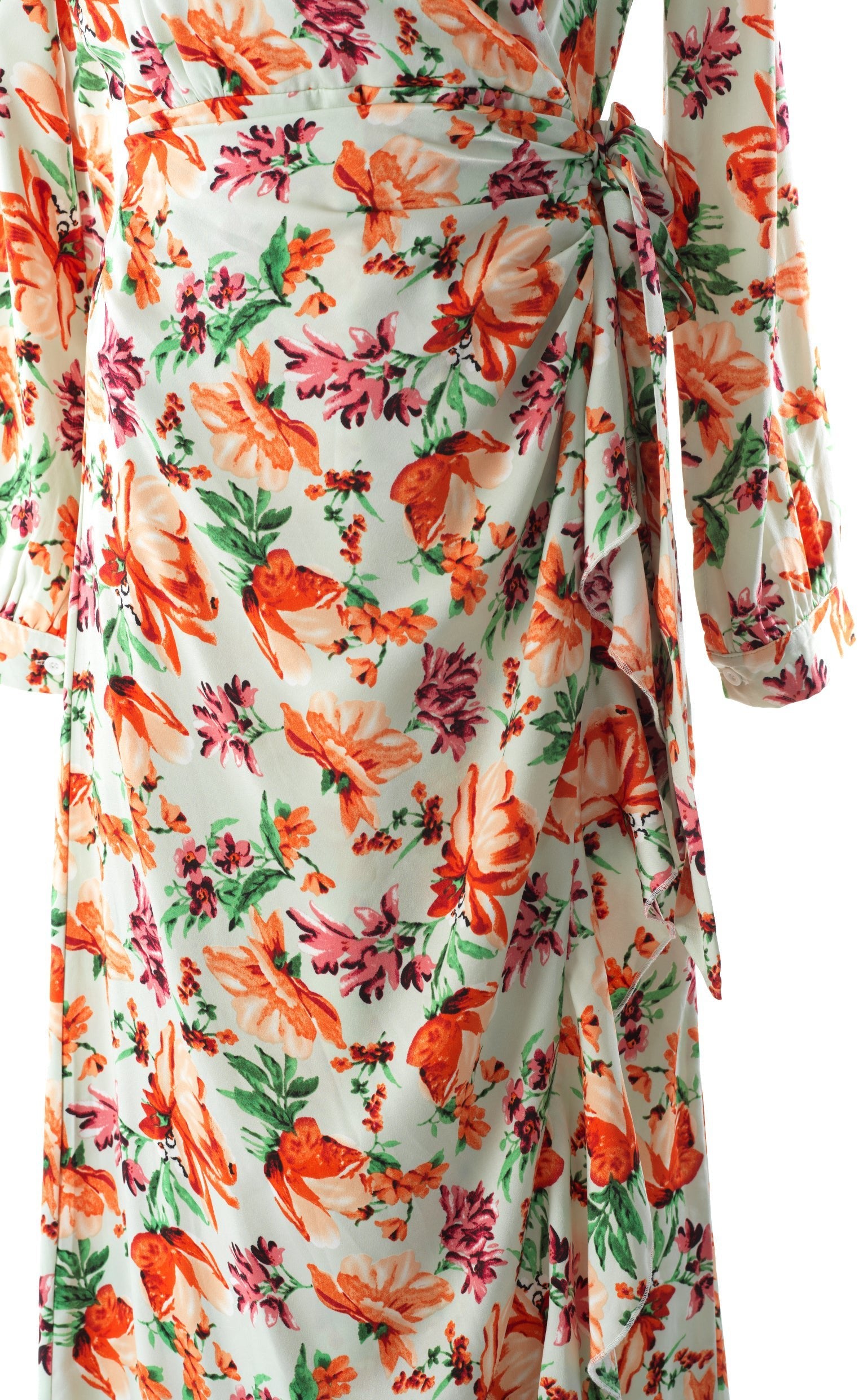 Aquilegia print wrapped satin modest dress Kabayare