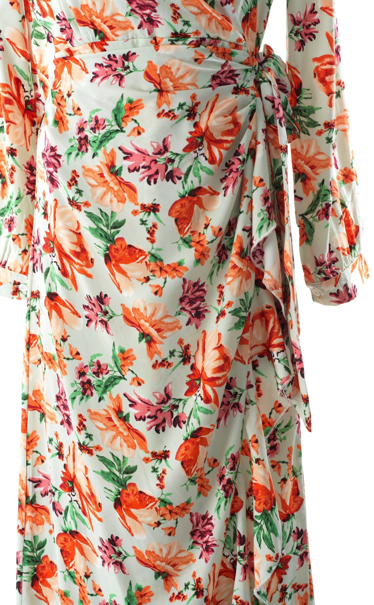 Aquilegia print wrapped satin modest dress Kabayare