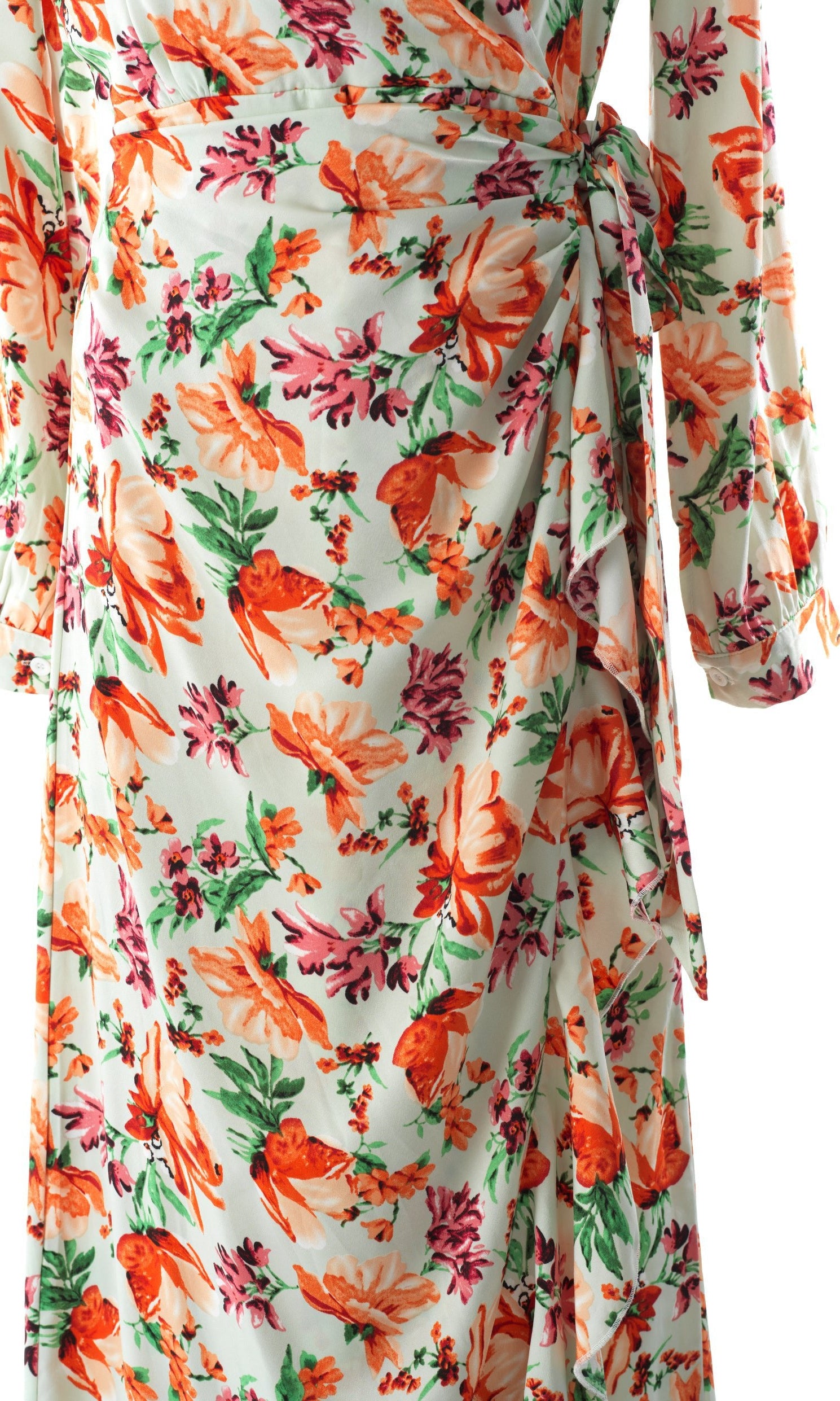 Aquilegia print wrapped satin modest dress Kabayare