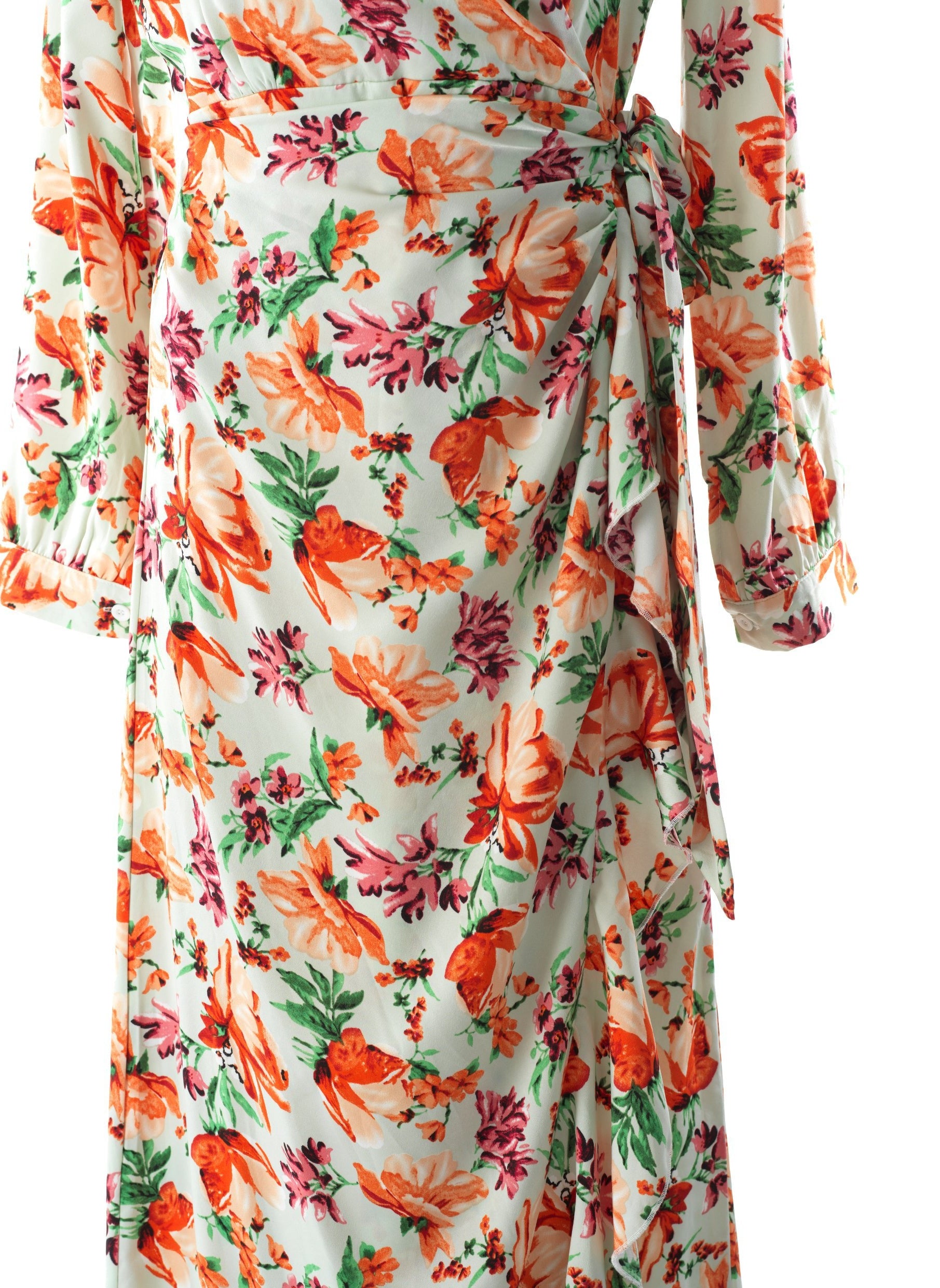 Aquilegia print wrapped satin modest dress Kabayare
