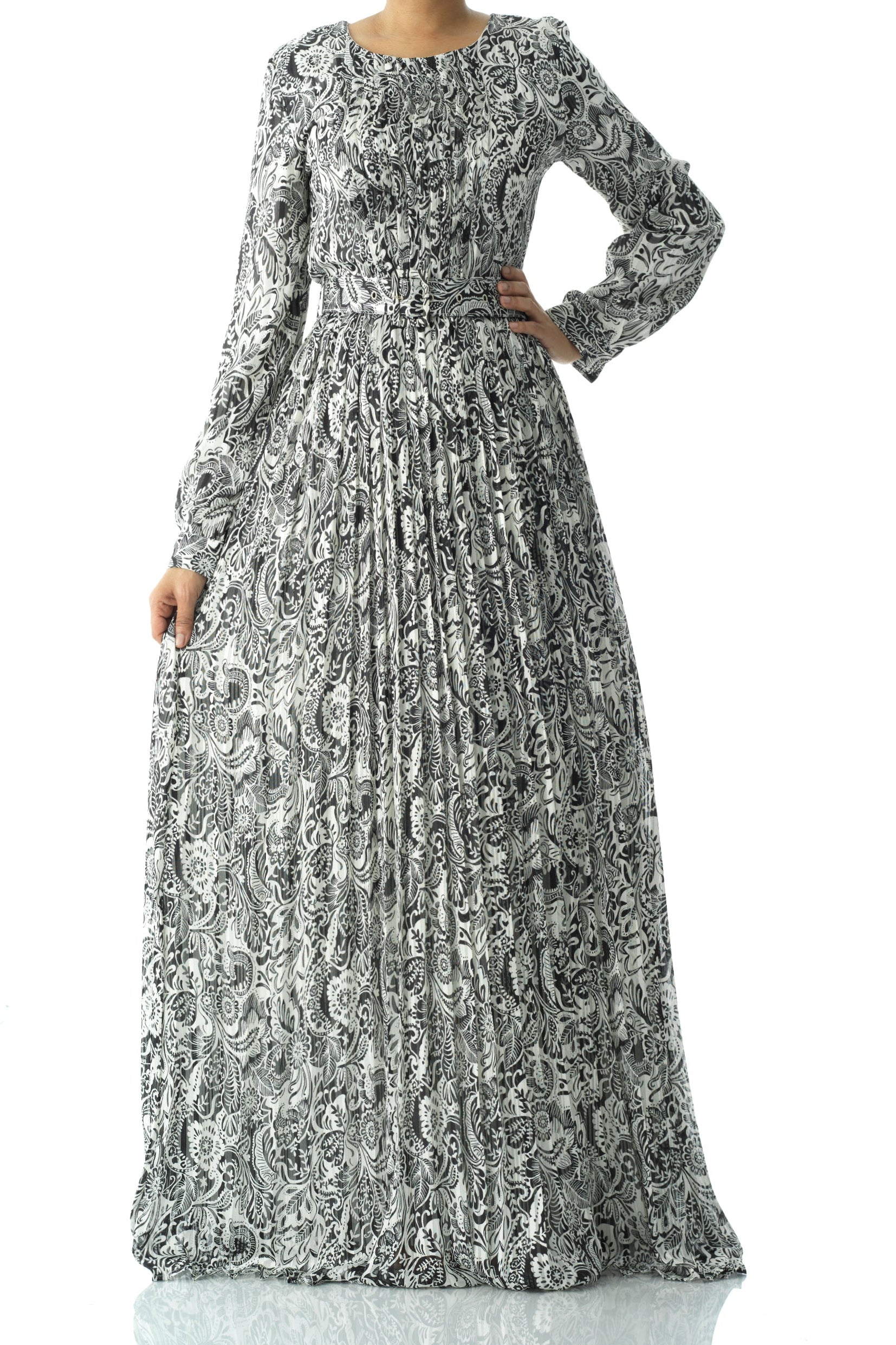 Black and White henna print silk chiffon maxi dress Kabayare