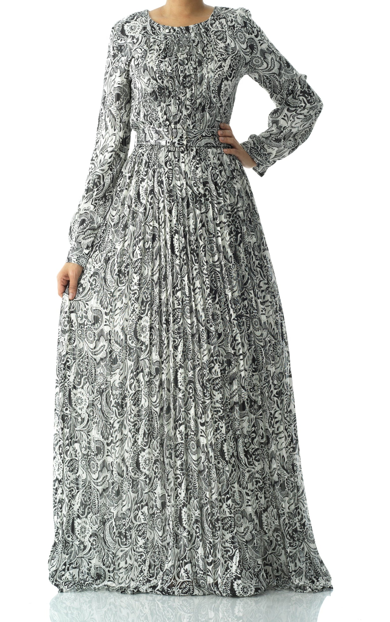 Black and White henna print silk chiffon maxi dress Kabayare