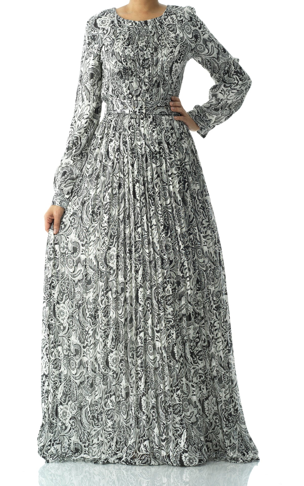 Black and White henna print silk chiffon maxi dress Kabayare
