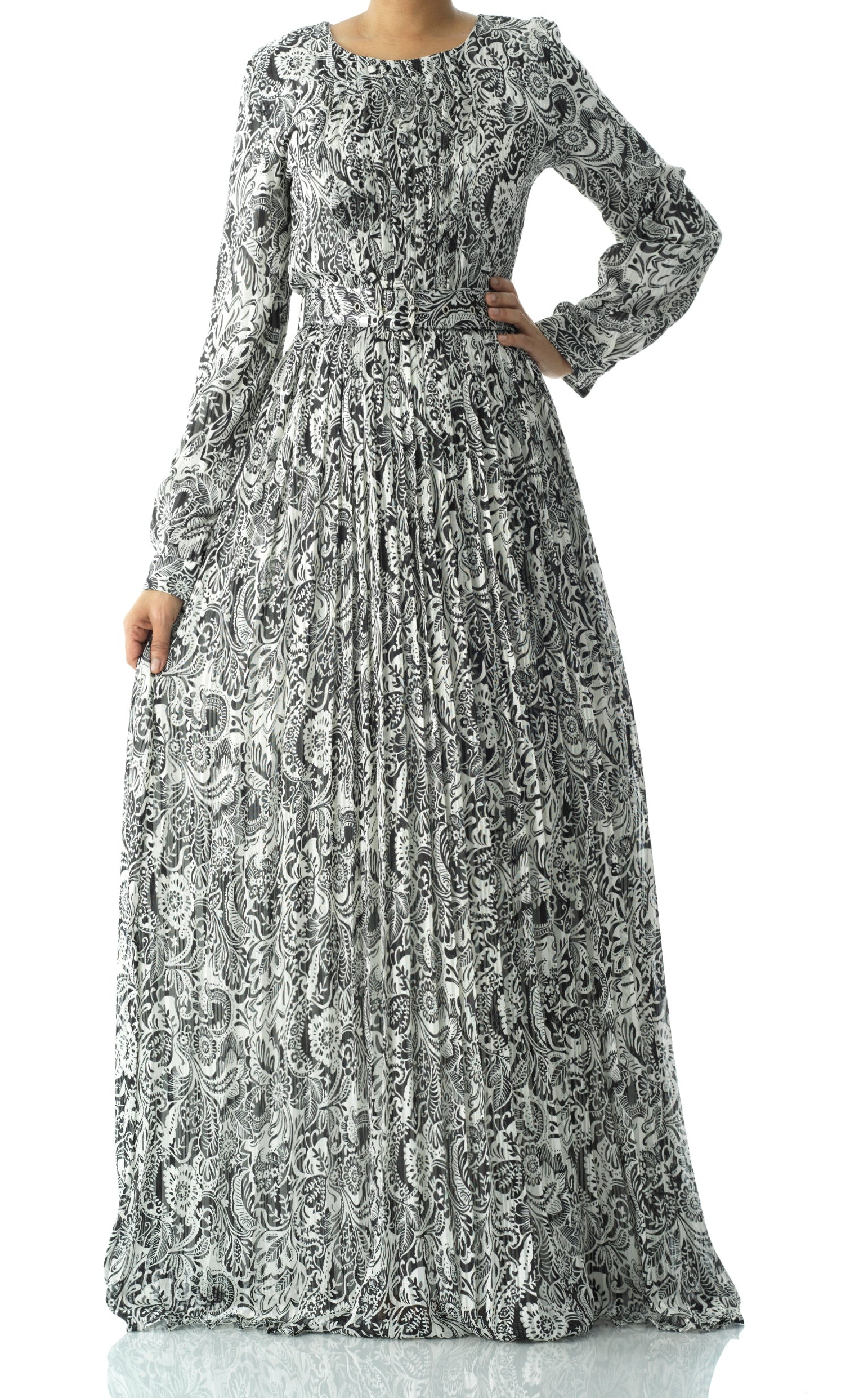 Black and White henna print silk chiffon maxi dress Kabayare