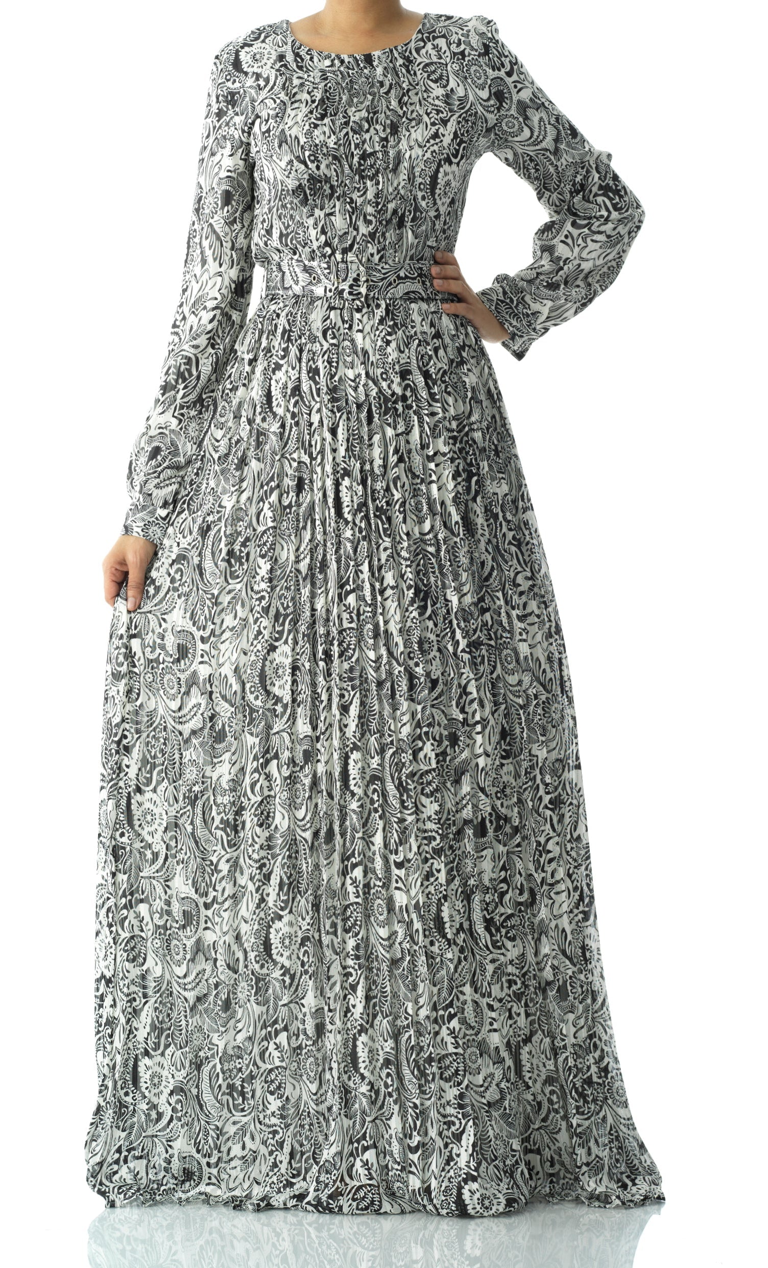 Black and White henna print silk chiffon maxi dress Kabayare