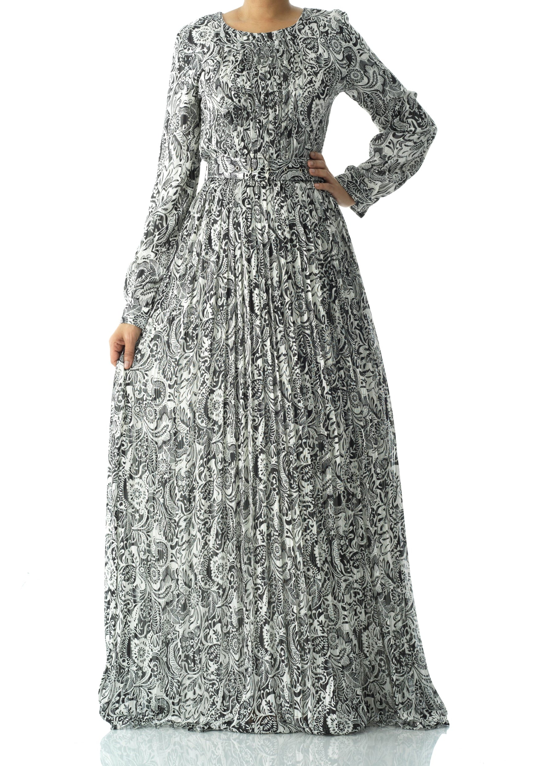 Black and White henna print silk chiffon maxi dress Kabayare