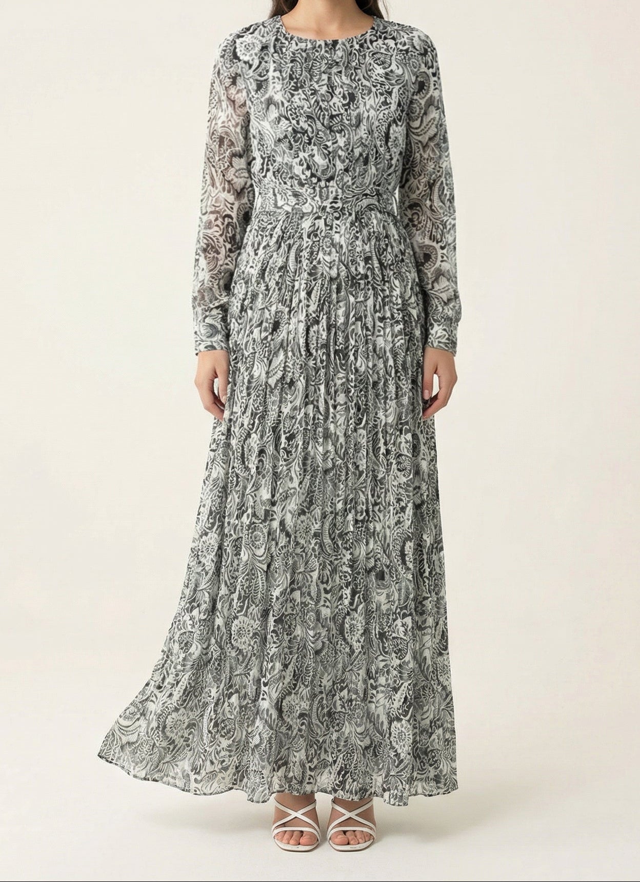 Black and White henna print silk chiffon shimmer maxi dress Kabayare