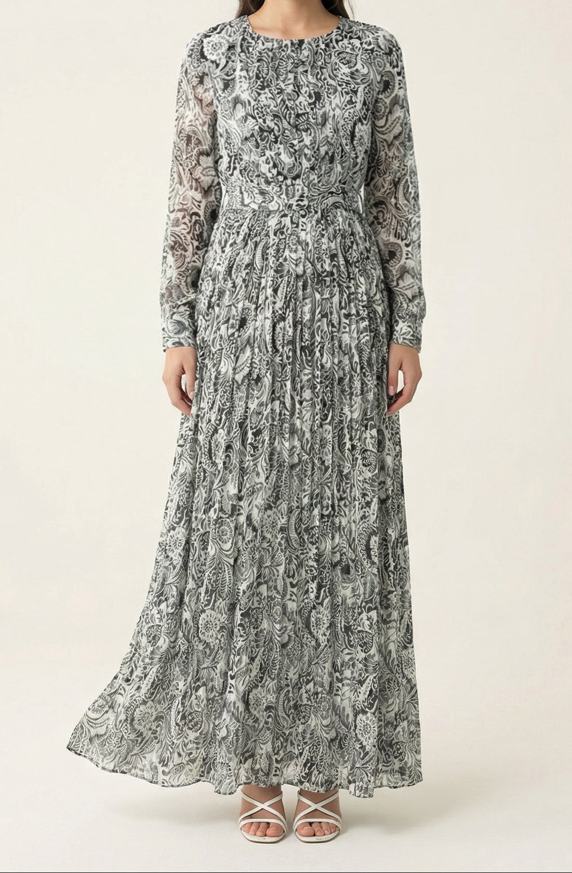 Black and White henna print silk chiffon shimmer maxi dress Kabayare