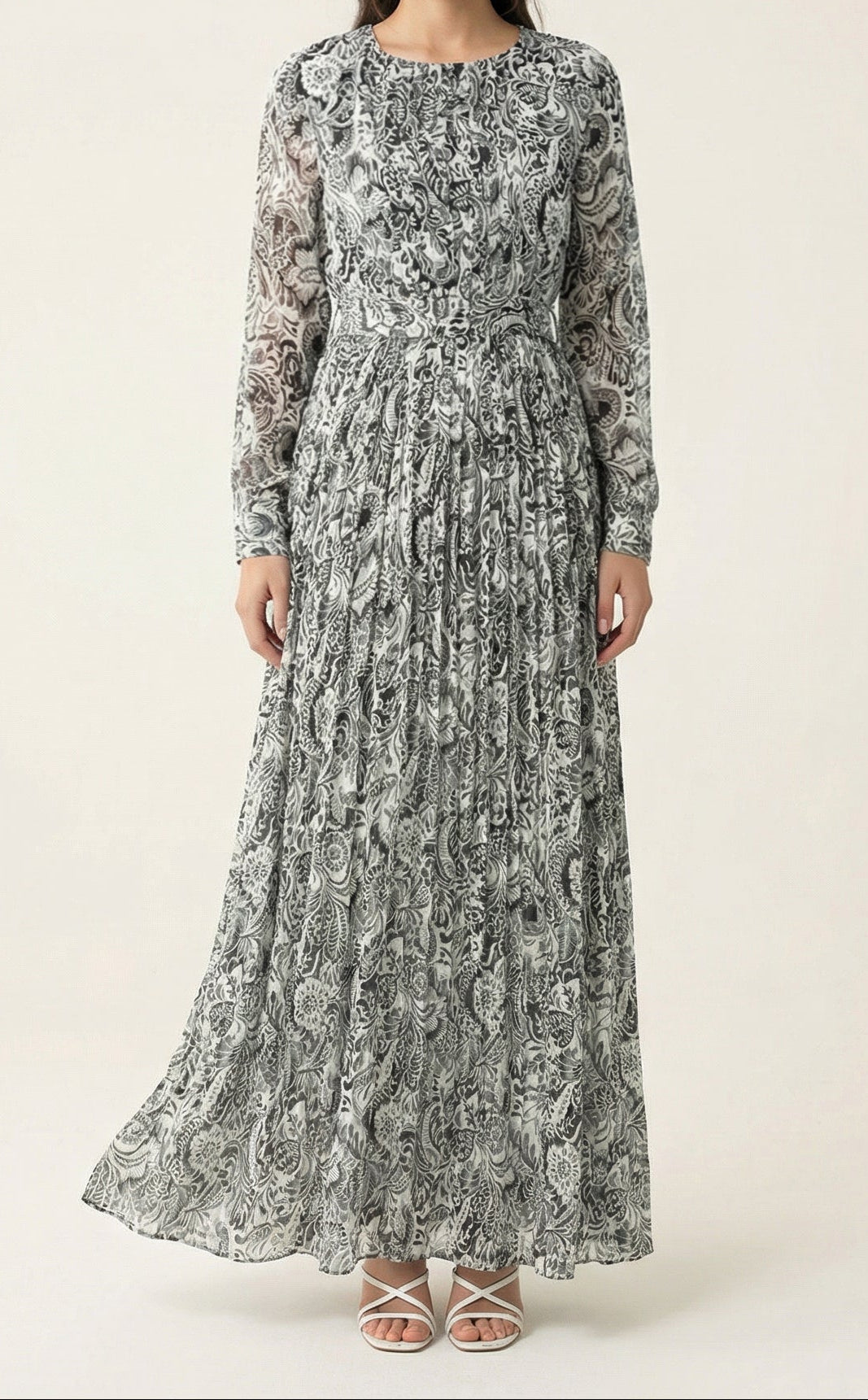 Black and White henna print silk chiffon shimmer maxi dress Kabayare