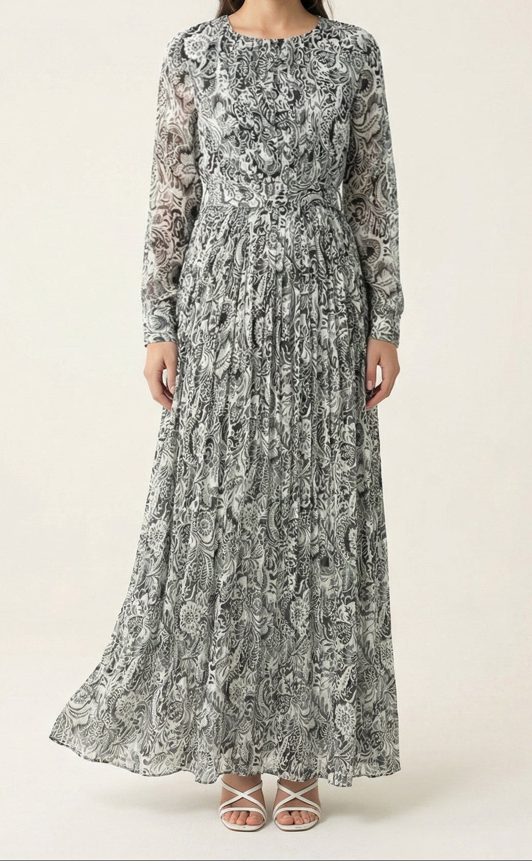 Black and White henna print silk chiffon shimmer maxi dress Kabayare