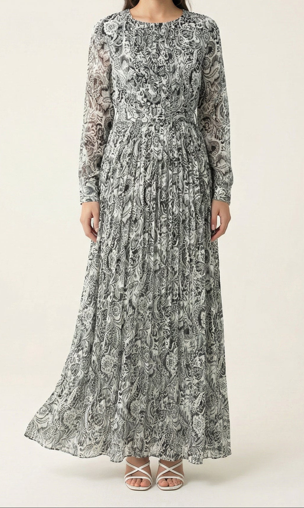 Black and White henna print silk chiffon shimmer maxi dress Kabayare