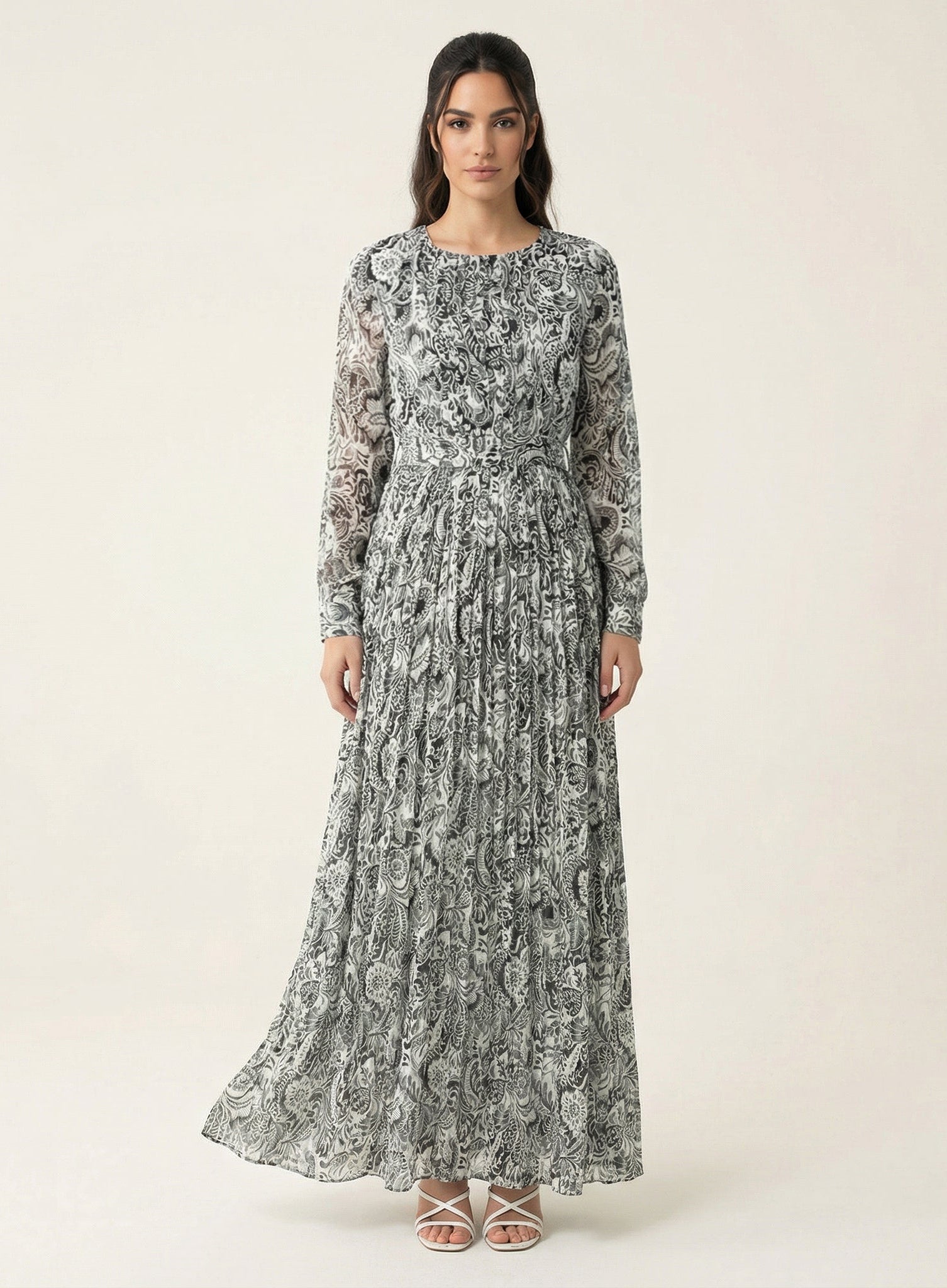 Black and White henna print silk chiffon shimmer maxi dress Kabayare