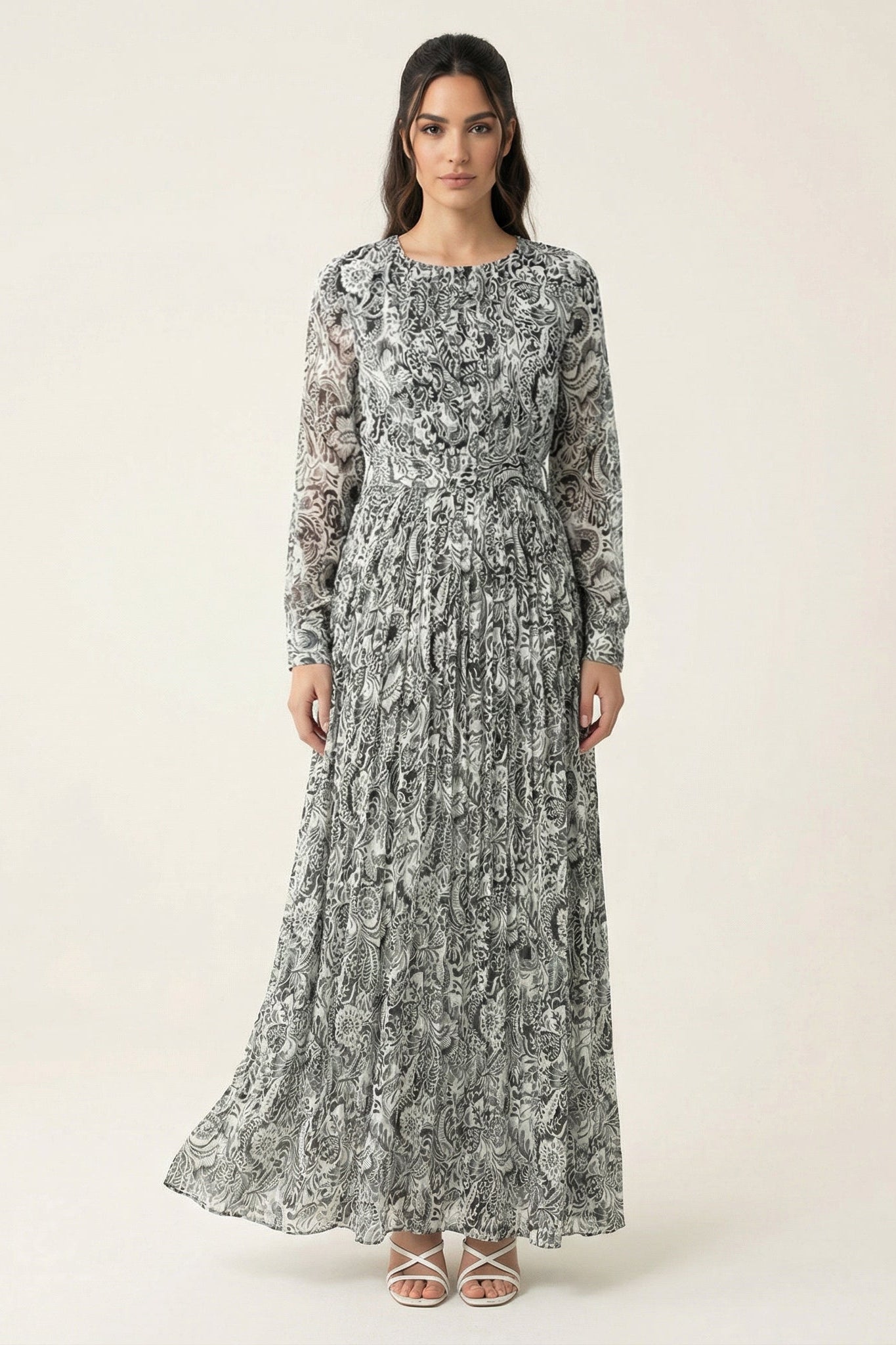 Black and White henna print silk chiffon shimmer maxi dress Kabayare