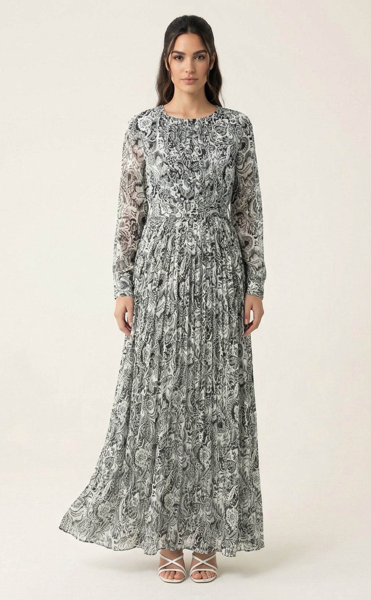 Black and White henna print silk chiffon shimmer maxi dress Kabayare